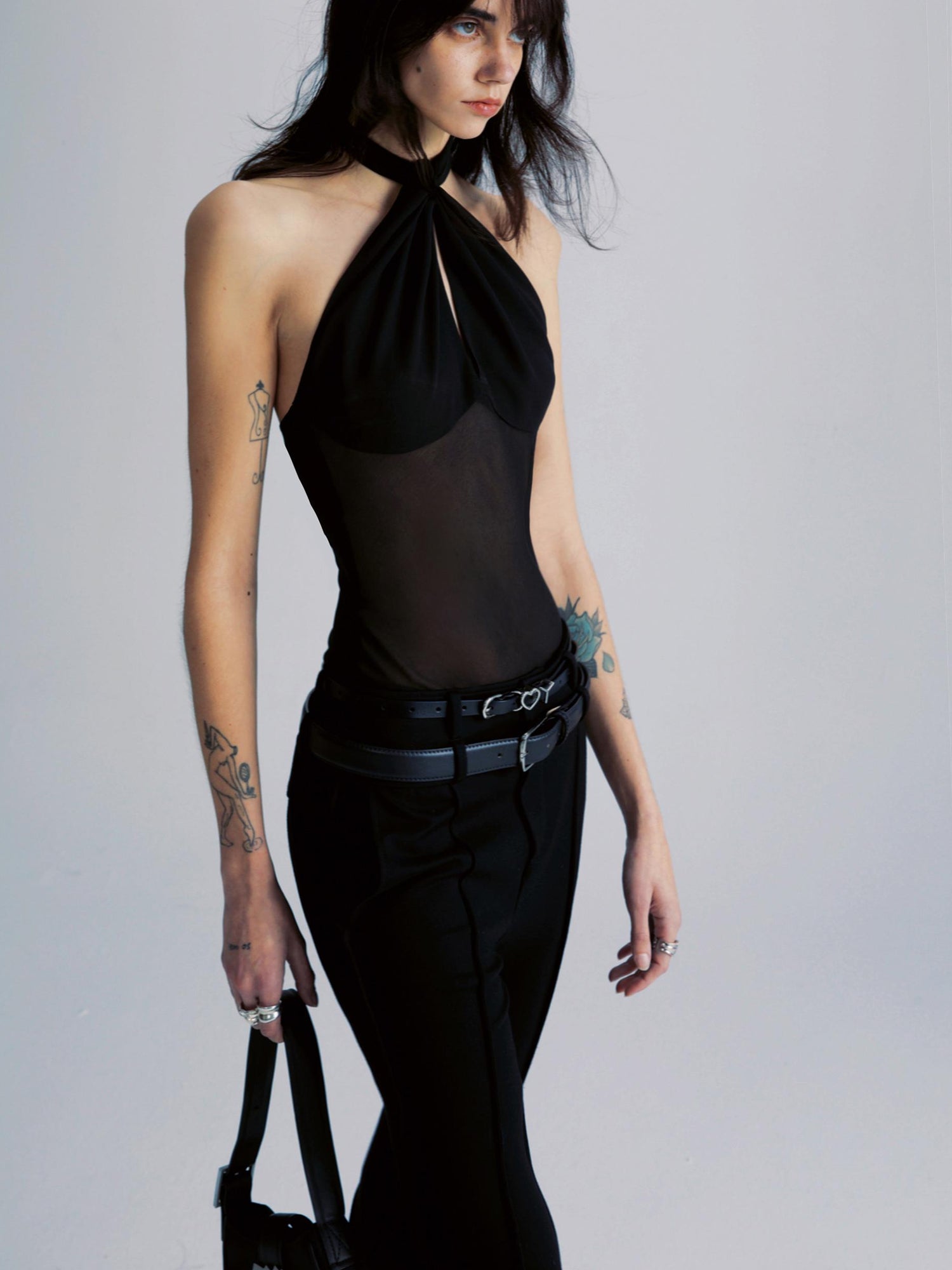 commonce net Spliced Black Backless Halter Top with Detachable Sleeves