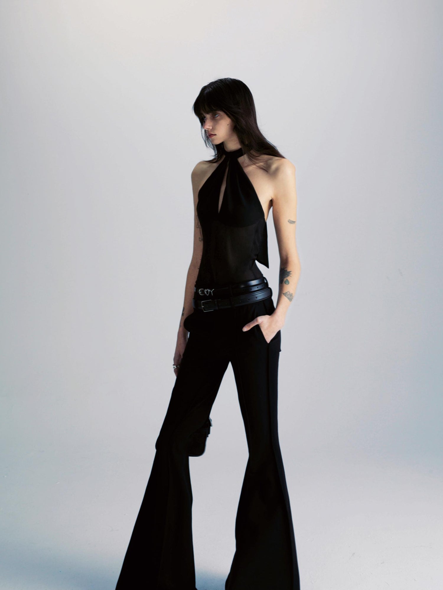 commonce net Spliced Black Backless Halter Top with Detachable Sleeves