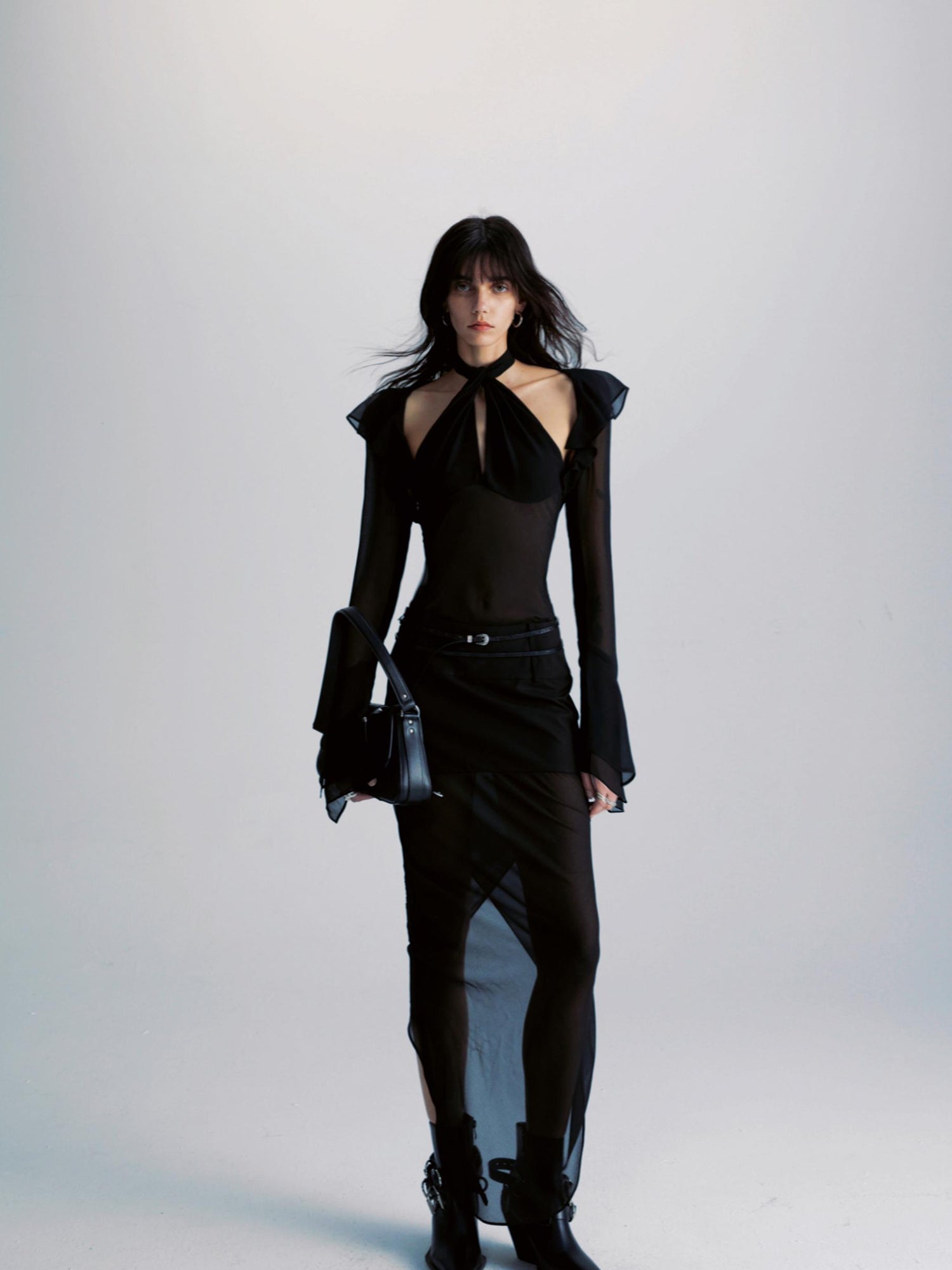 commonce net Spliced Black Backless Halter Top with Detachable Sleeves