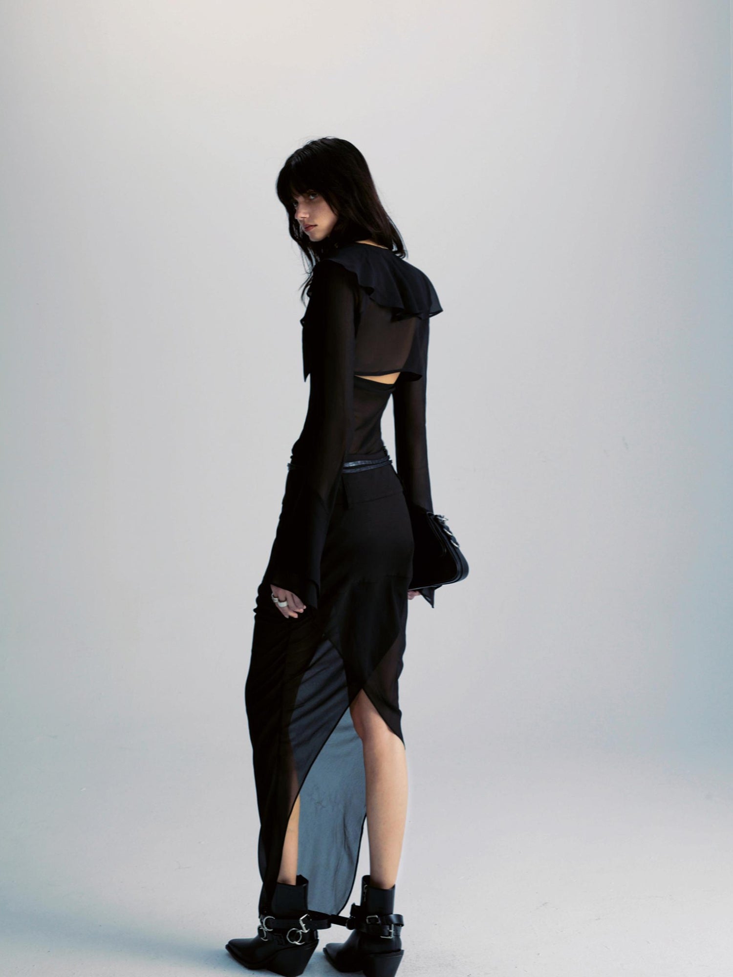 commonce net Spliced Black Backless Halter Top with Detachable Sleeves