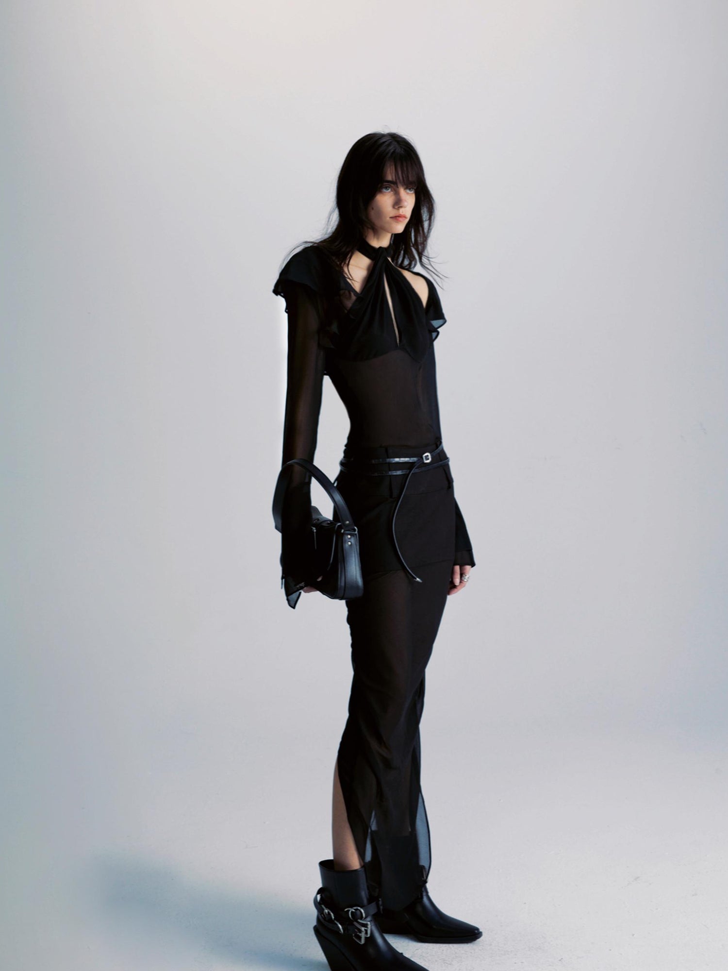 commonce net Spliced Black Backless Halter Top with Detachable Sleeves