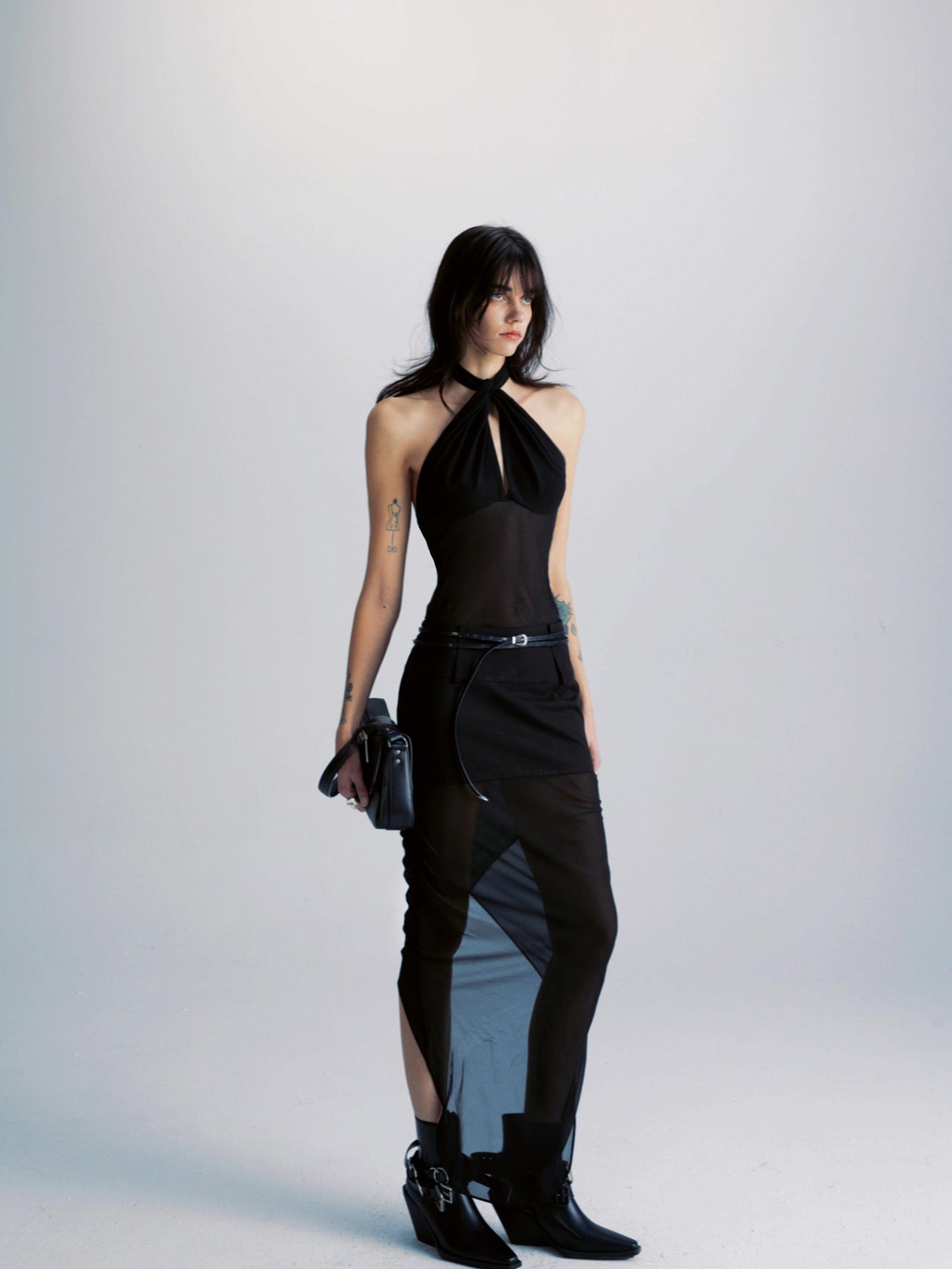 commonce net Spliced Black Backless Halter Top with Detachable Sleeves