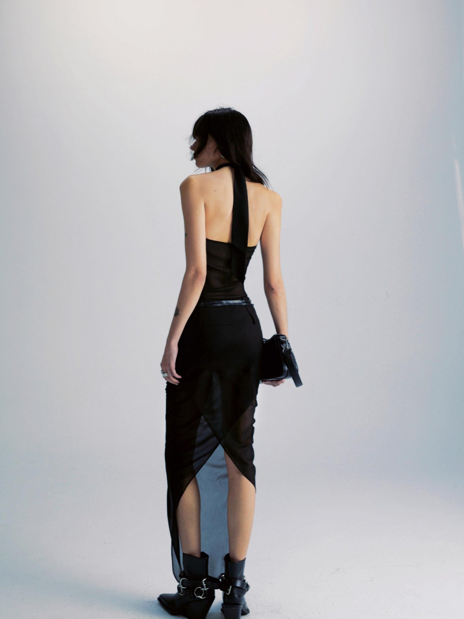 commonce net Spliced Black Backless Halter Top with Detachable Sleeves