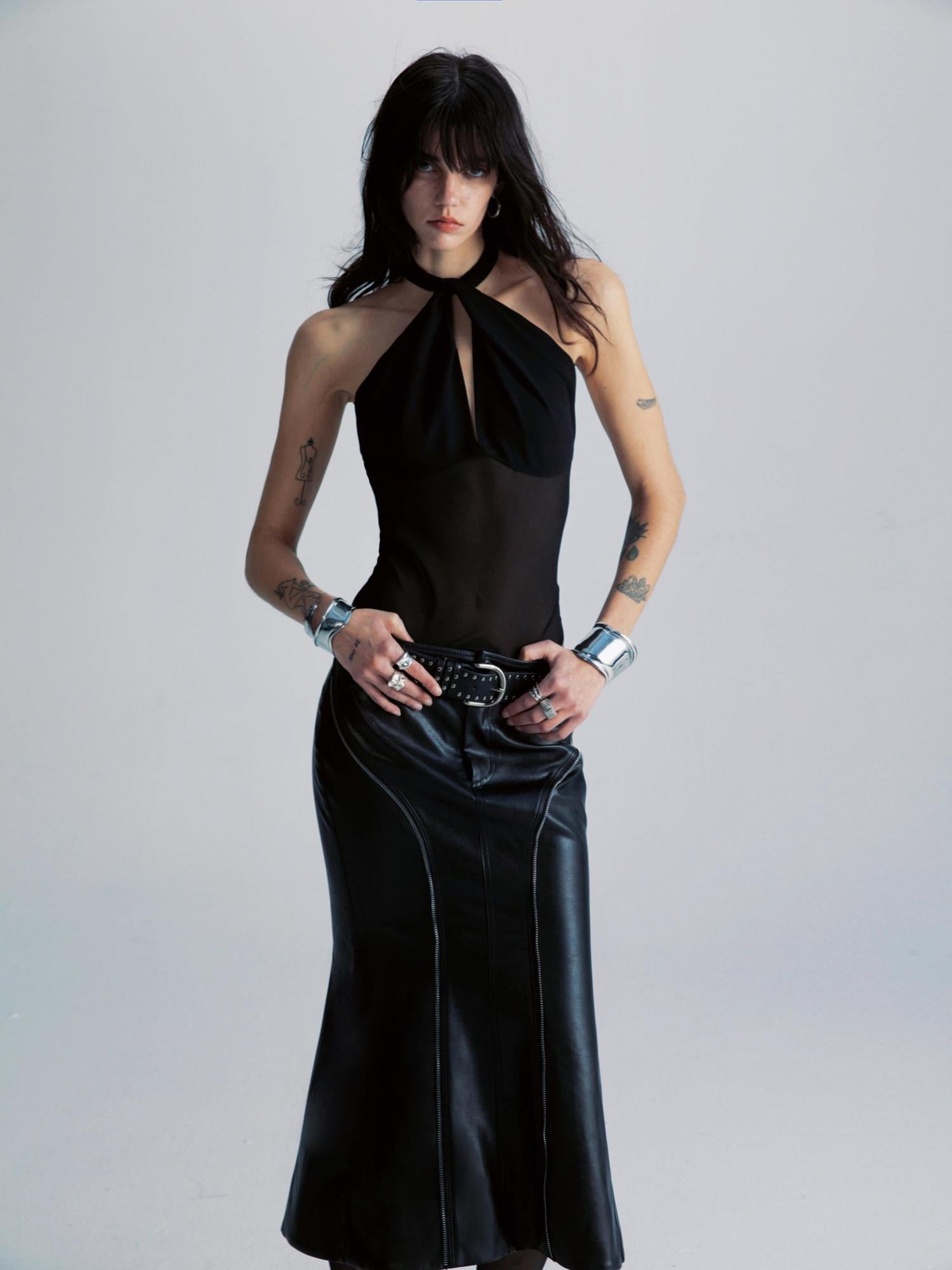 commonce net Spliced Black Backless Halter Top with Detachable Sleeves