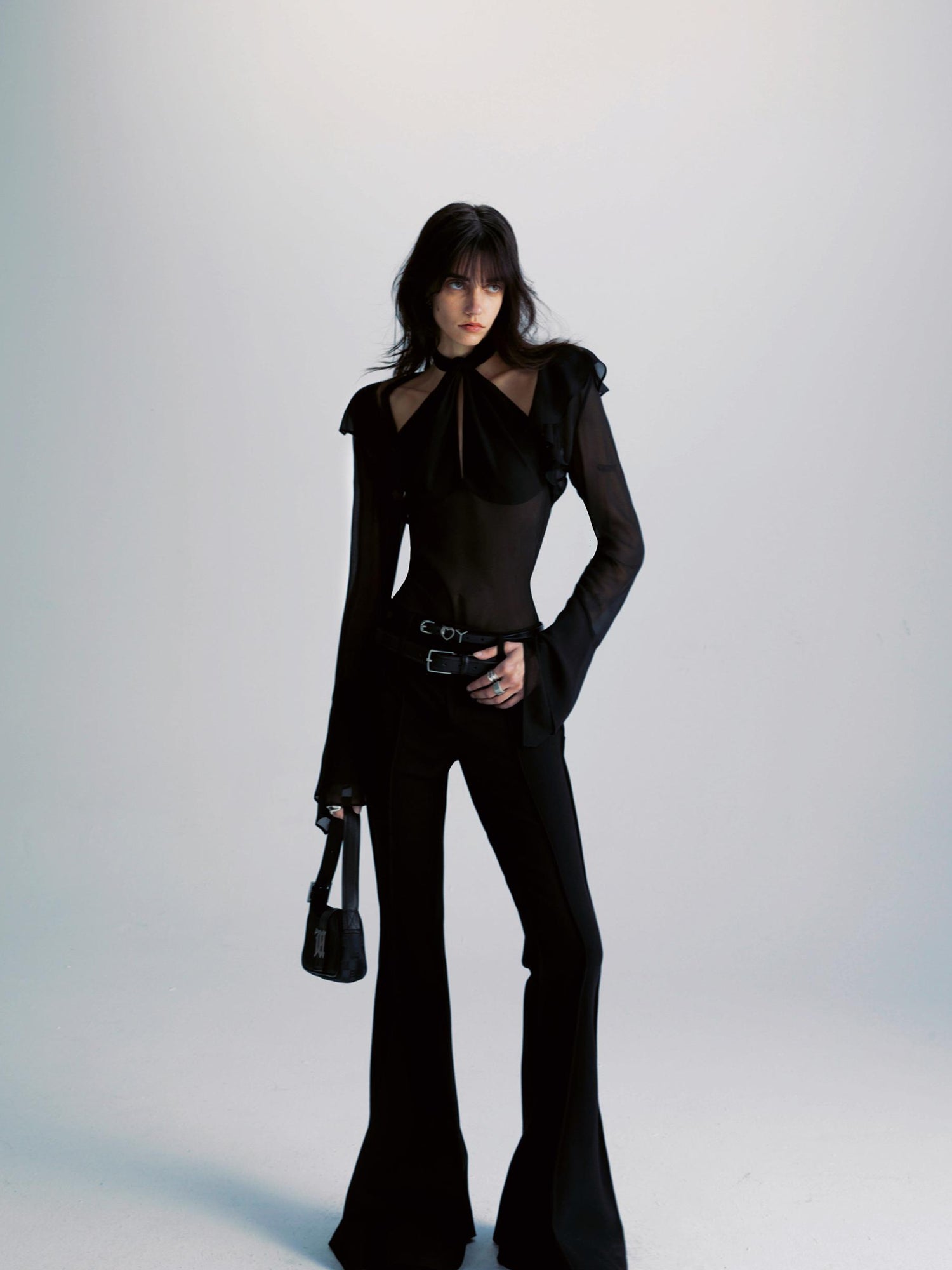 commonce net Spliced Black Backless Halter Top with Detachable Sleeves