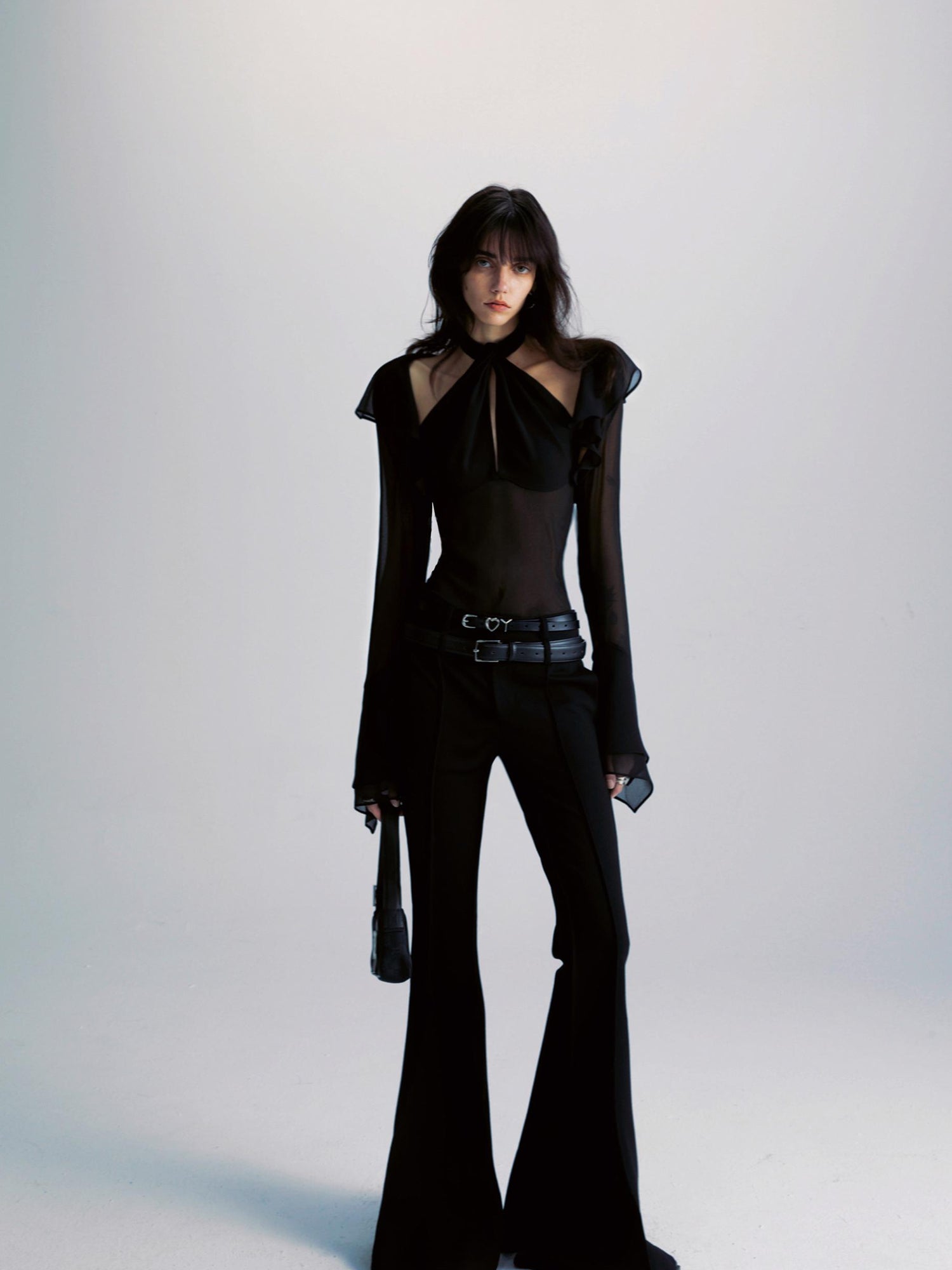 commonce net Spliced Black Backless Halter Top with Detachable Sleeves