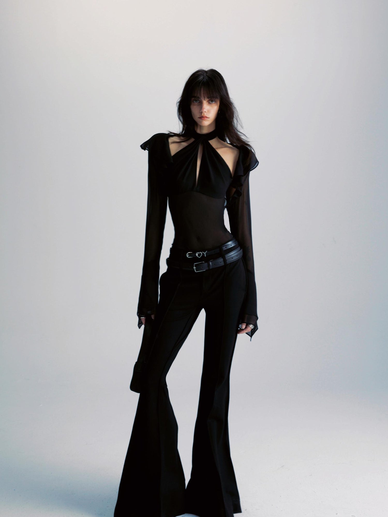 commonce net Spliced Black Backless Halter Top with Detachable Sleeves