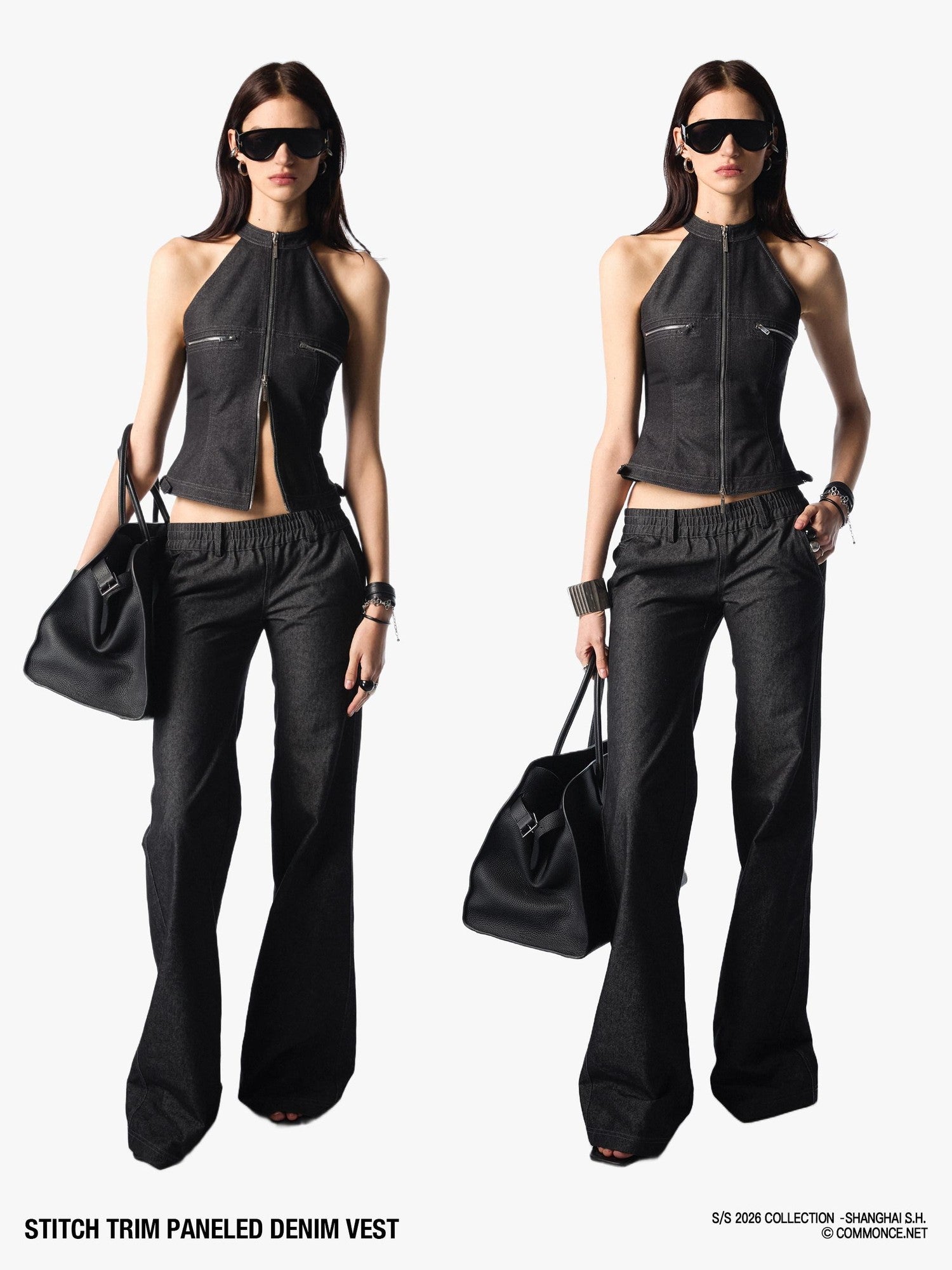 commonce net Topstitch Panel Splice Slim Fit Zipper Off Shoulder Women&