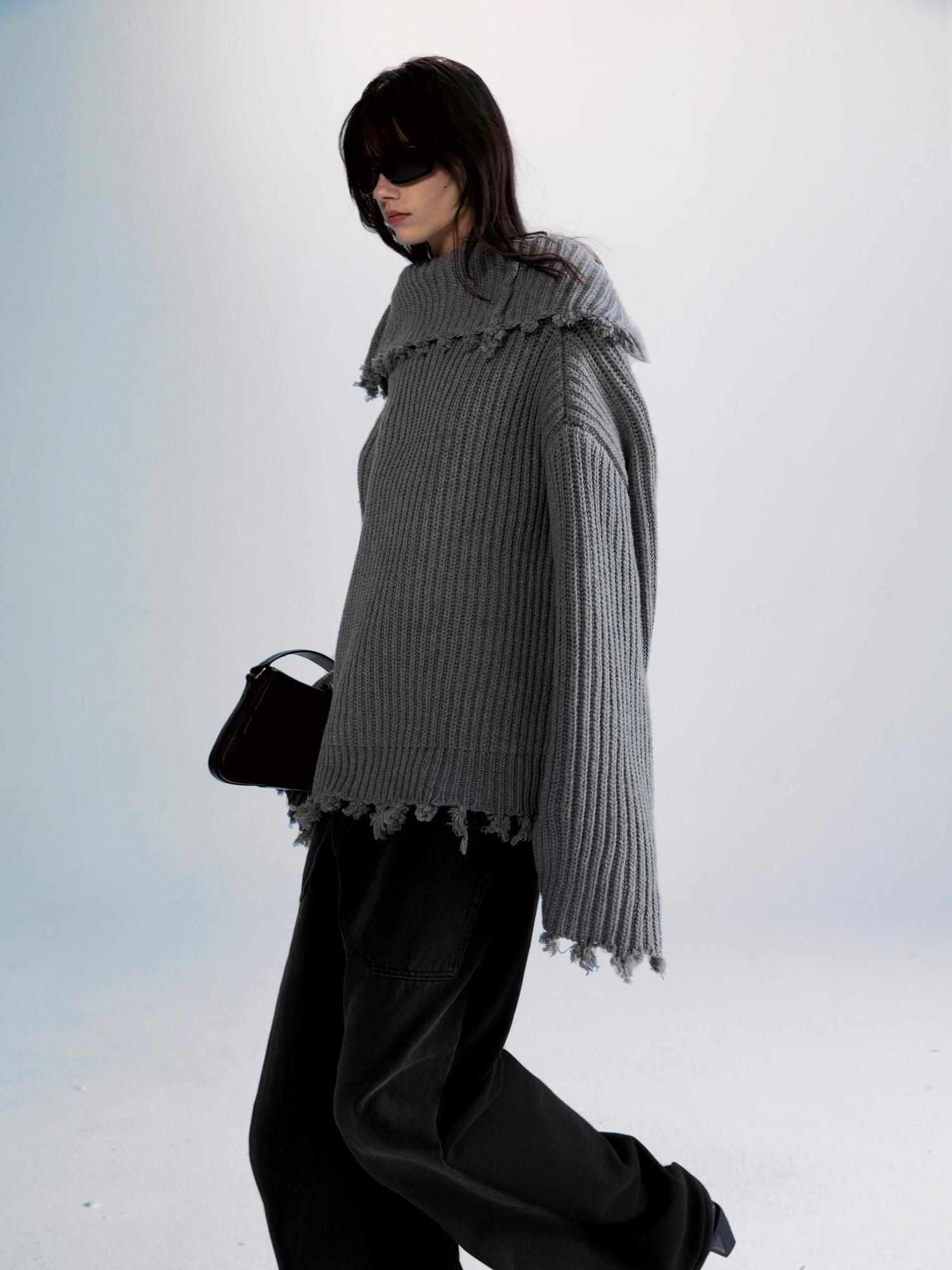 commonce net Two Way Zip Front Oversized Sweater With Raw Edges