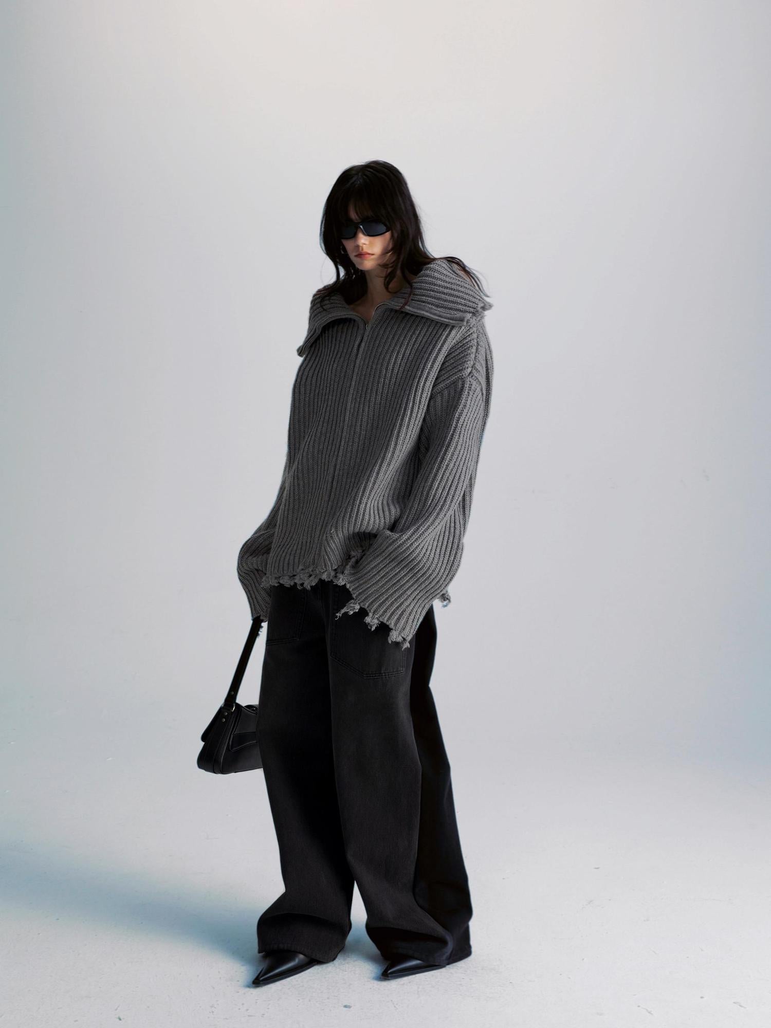 commonce net Two Way Zip Front Oversized Sweater With Raw Edges
