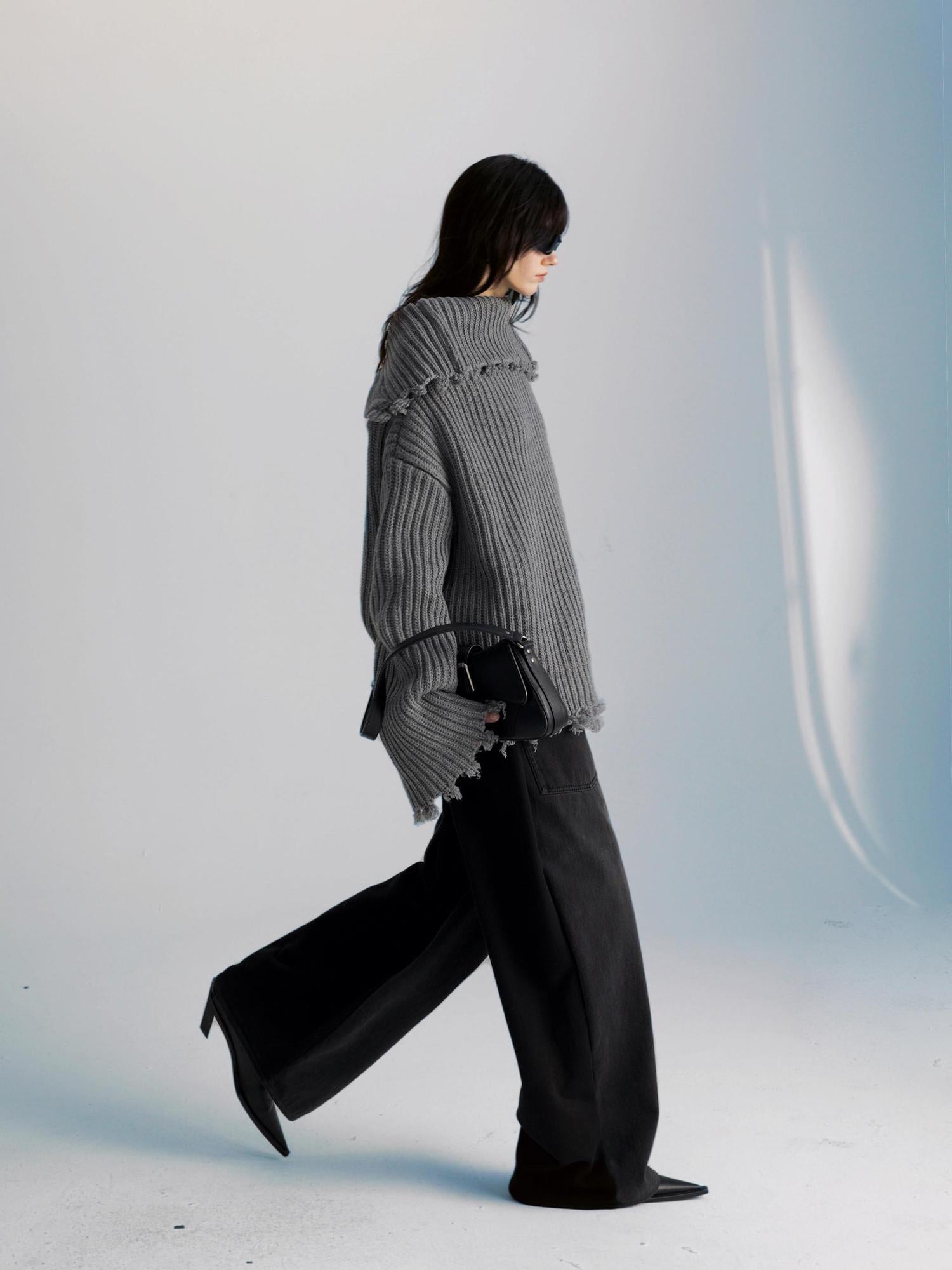 commonce net Two Way Zip Front Oversized Sweater With Raw Edges