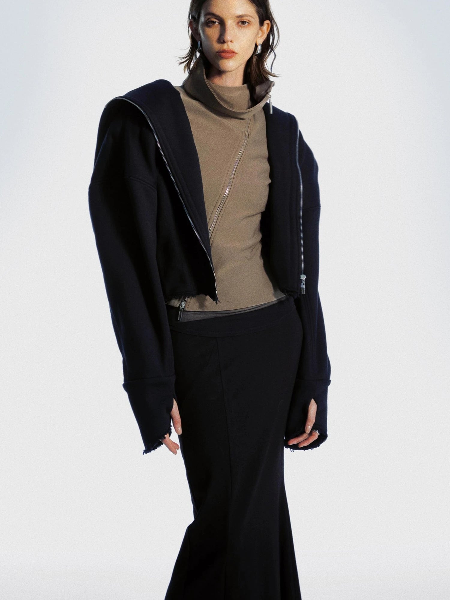 Two Way Zipper High Neck Top With Asymmetric Design