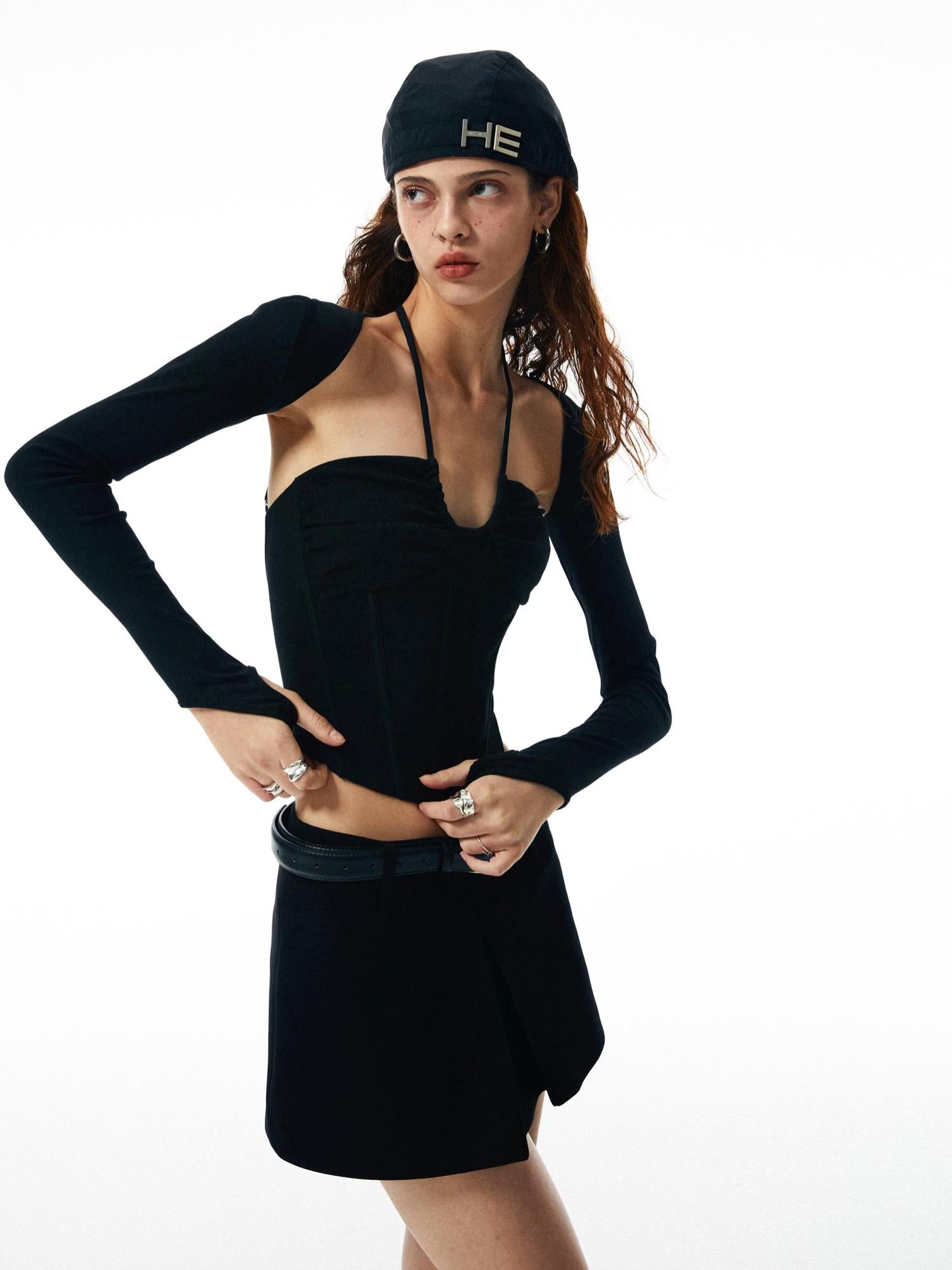 commonce net Washed Black Ribbed Corset Halter Top With Detachable Sleeves