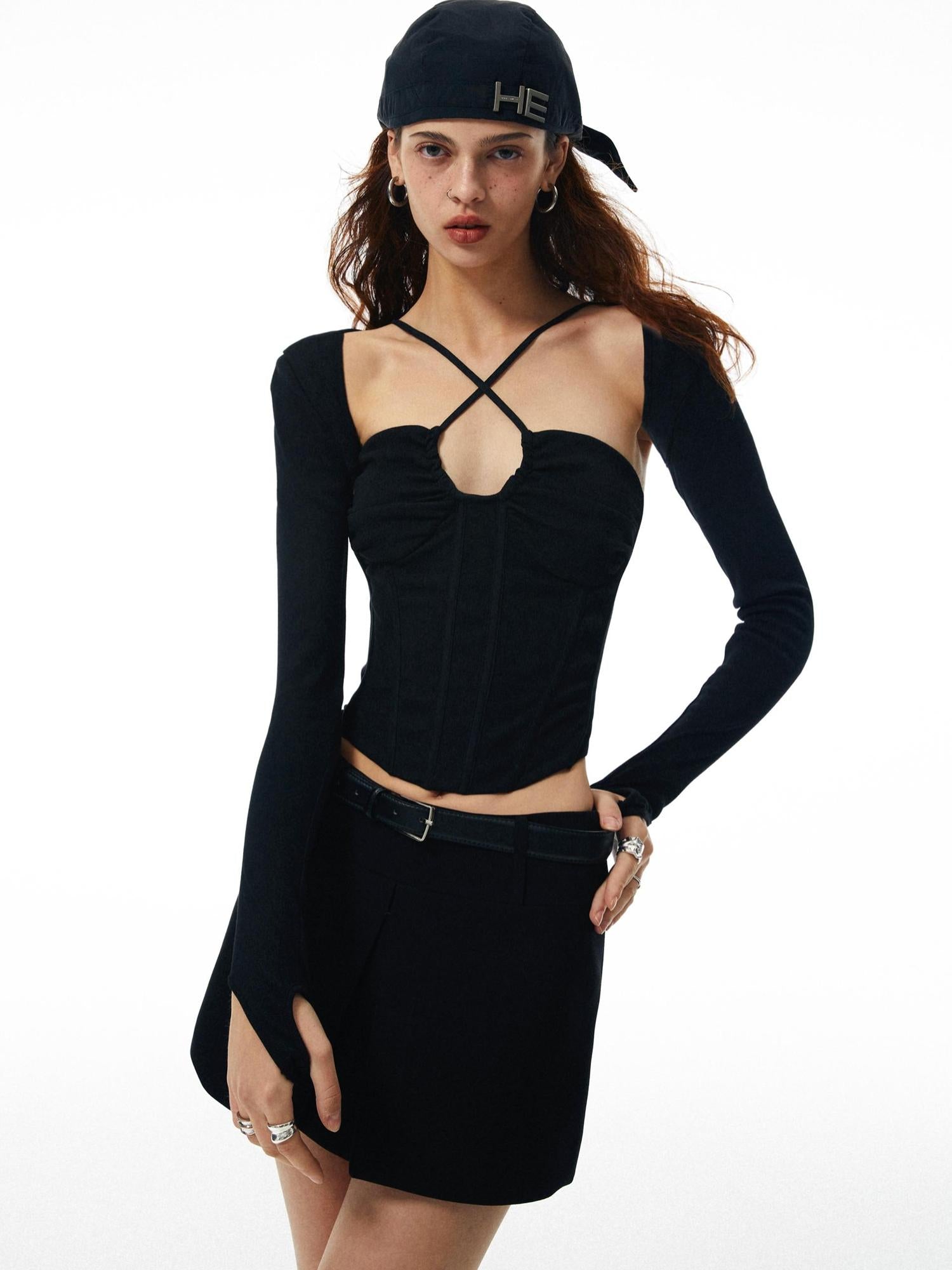 commonce net Washed Black Ribbed Corset Halter Top With Detachable Sleeves