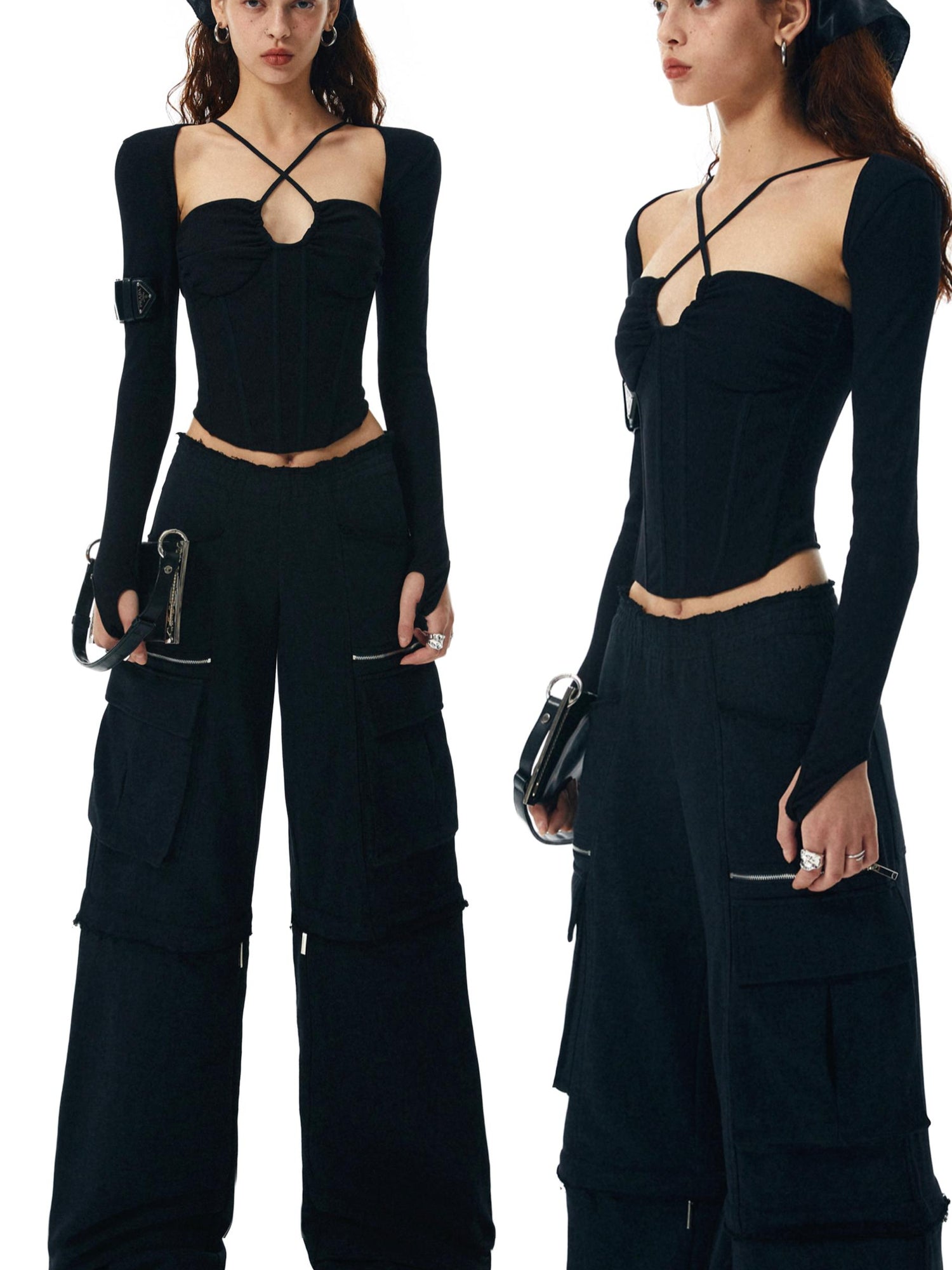 commonce net Washed Black Ribbed Corset Halter Top With Detachable Sleeves