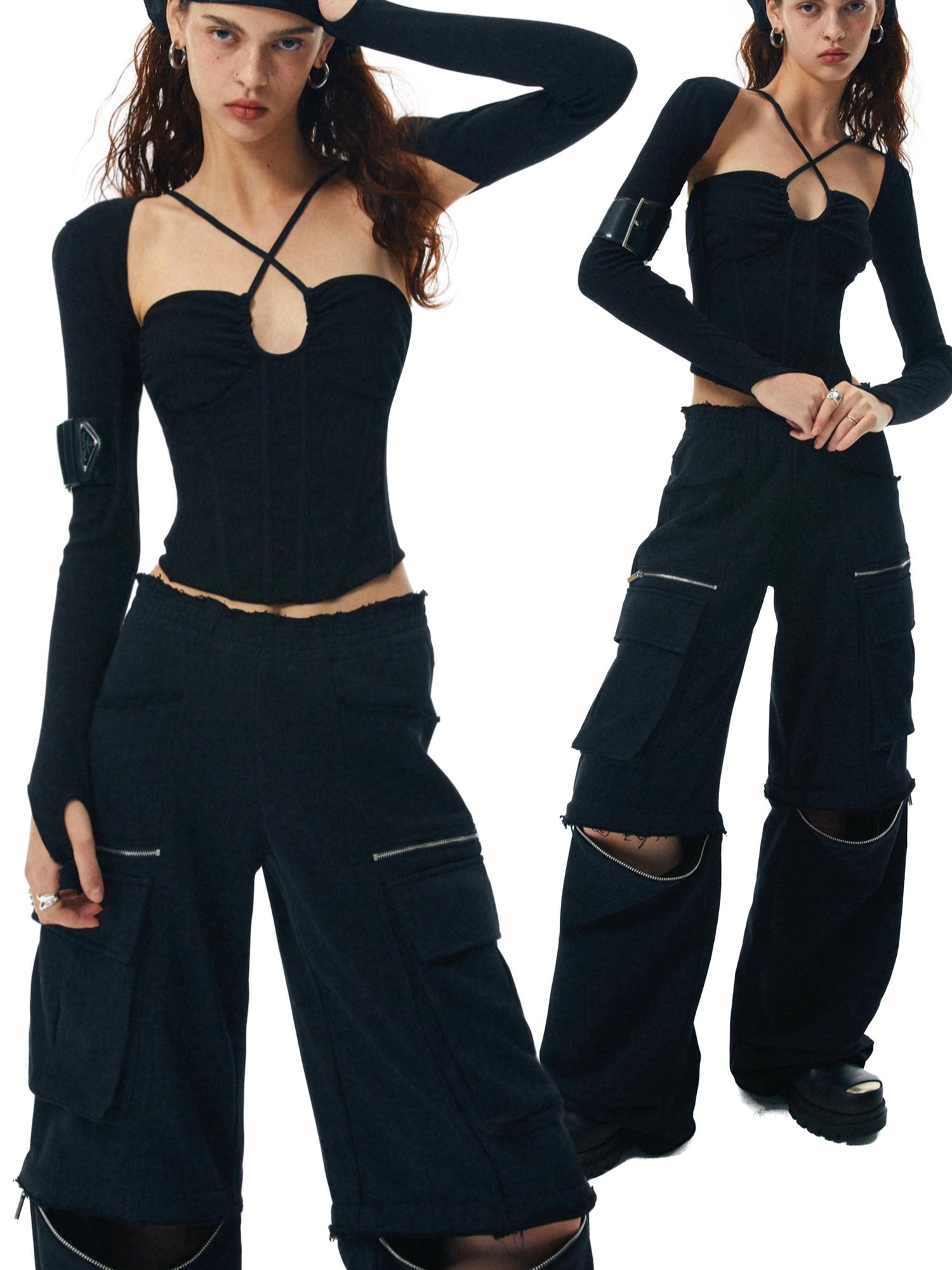 commonce net Washed Black Ribbed Corset Halter Top With Detachable Sleeves