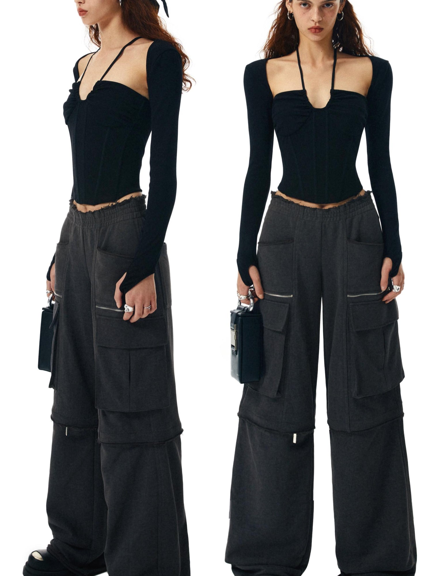 commonce net Washed Black Ribbed Corset Halter Top With Detachable Sleeves