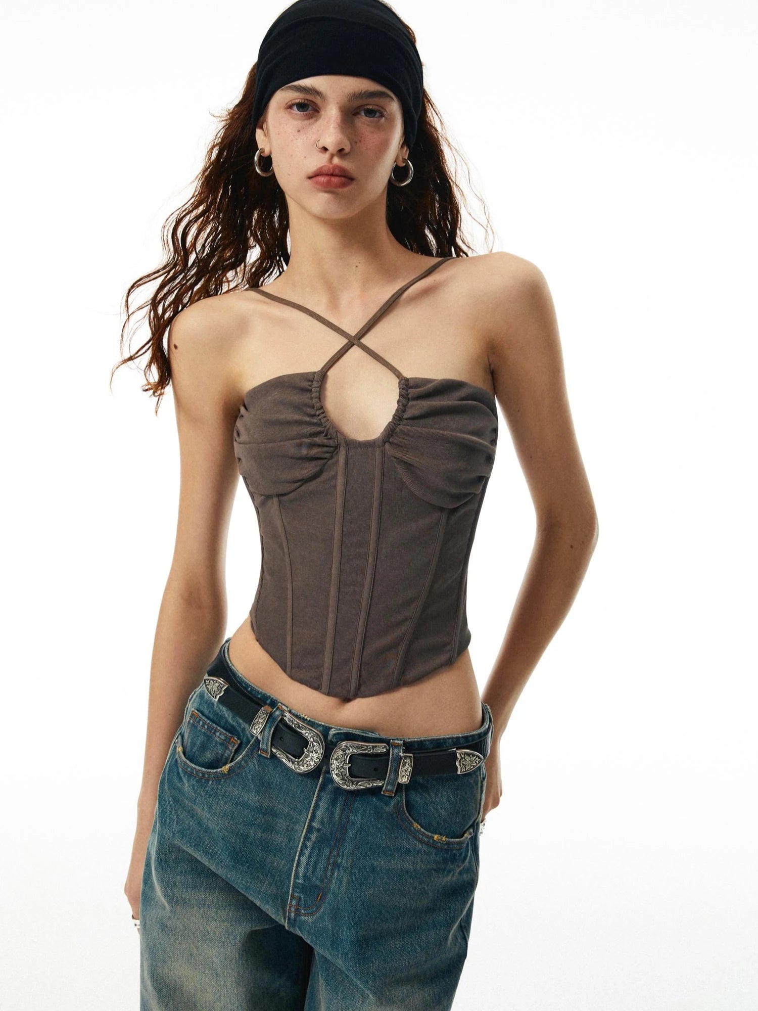 Washed Coffee Fishbone Ribbed Halter Sleeve Set