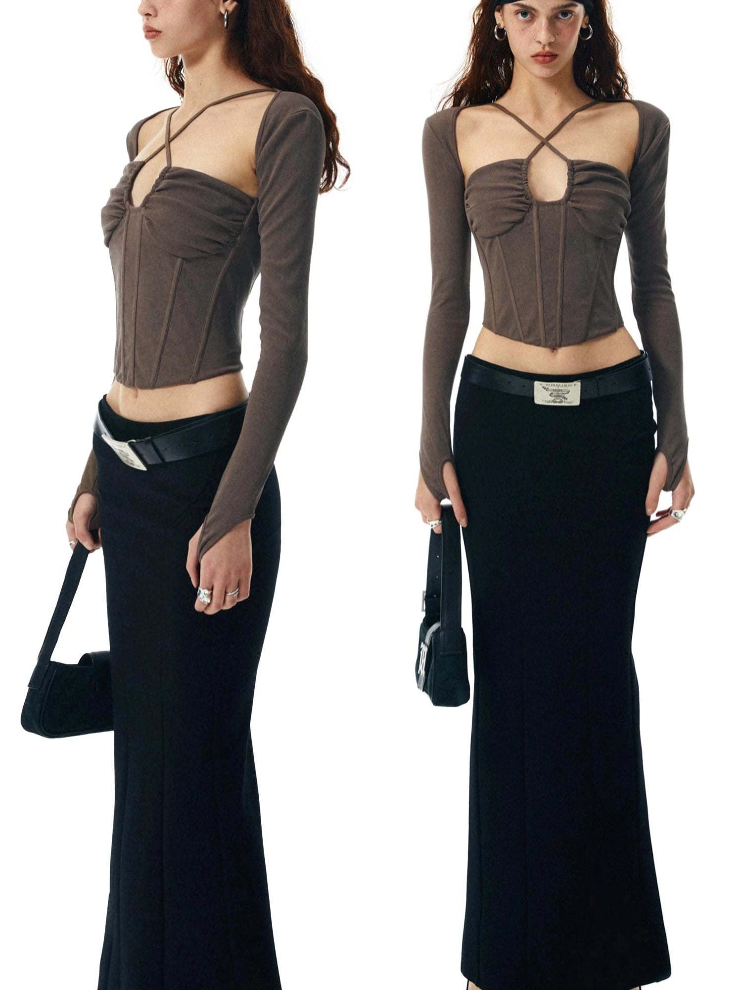 Washed Coffee Fishbone Ribbed Halter Sleeve Set