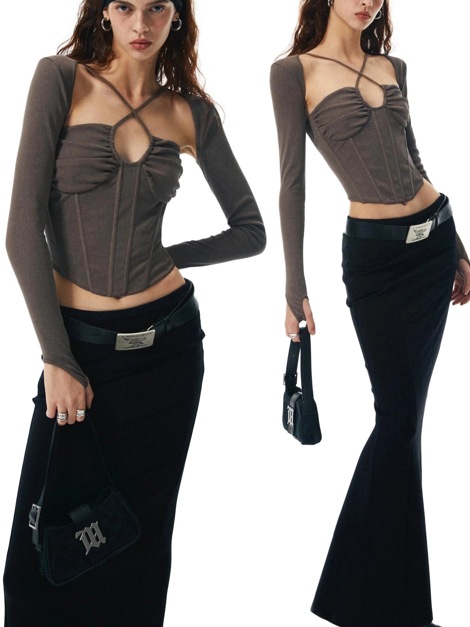 Washed Coffee Fishbone Ribbed Halter Sleeve Set