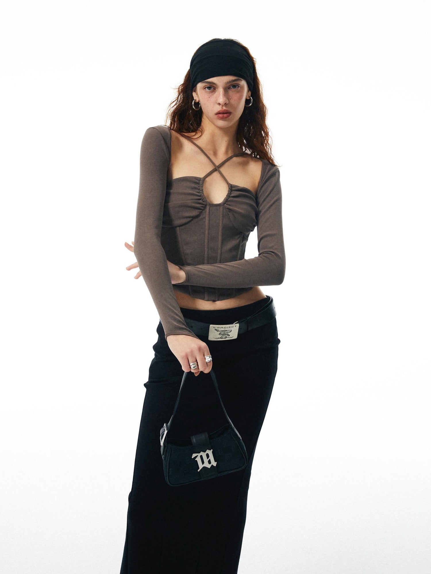 commonce net Washed Coffee Fishbone Ribbed Halter Sleeve Set