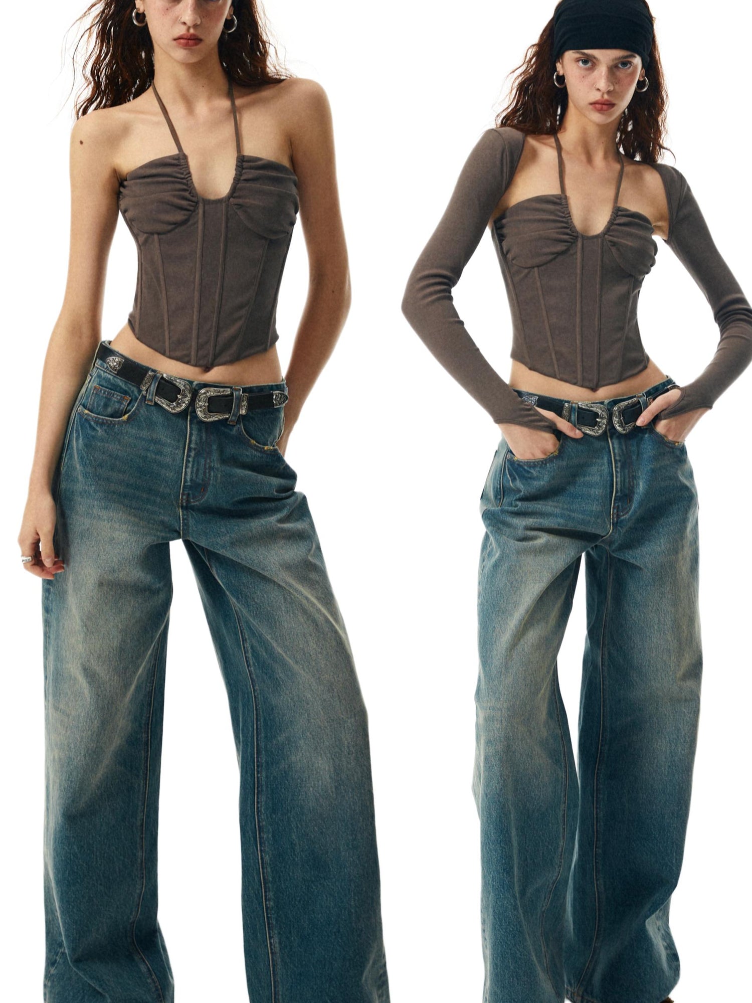 commonce net Washed Coffee Fishbone Ribbed Halter Sleeve Set