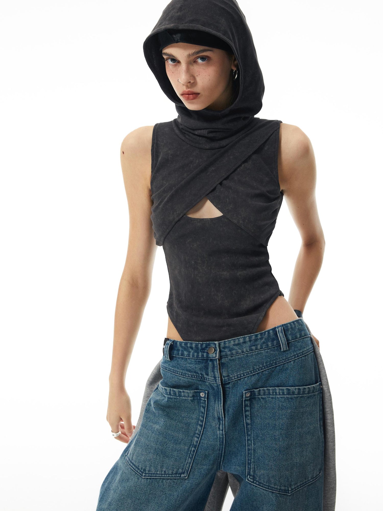 commonce net Washed Grey Hollowed Hooded Bodysuit