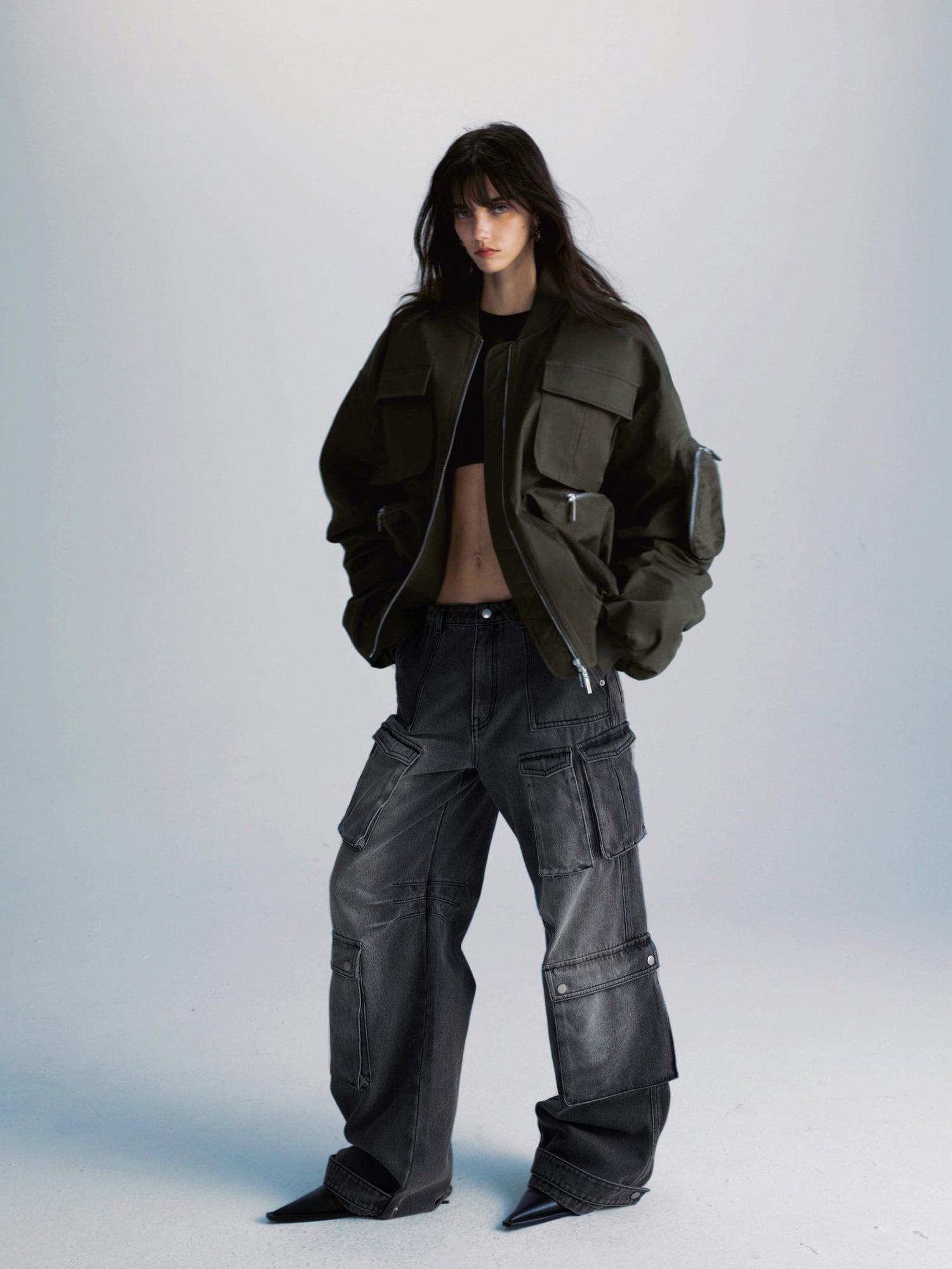 commonce net Washed Grey Multi Pocket Denim Jeans With Adjustable Cuffs