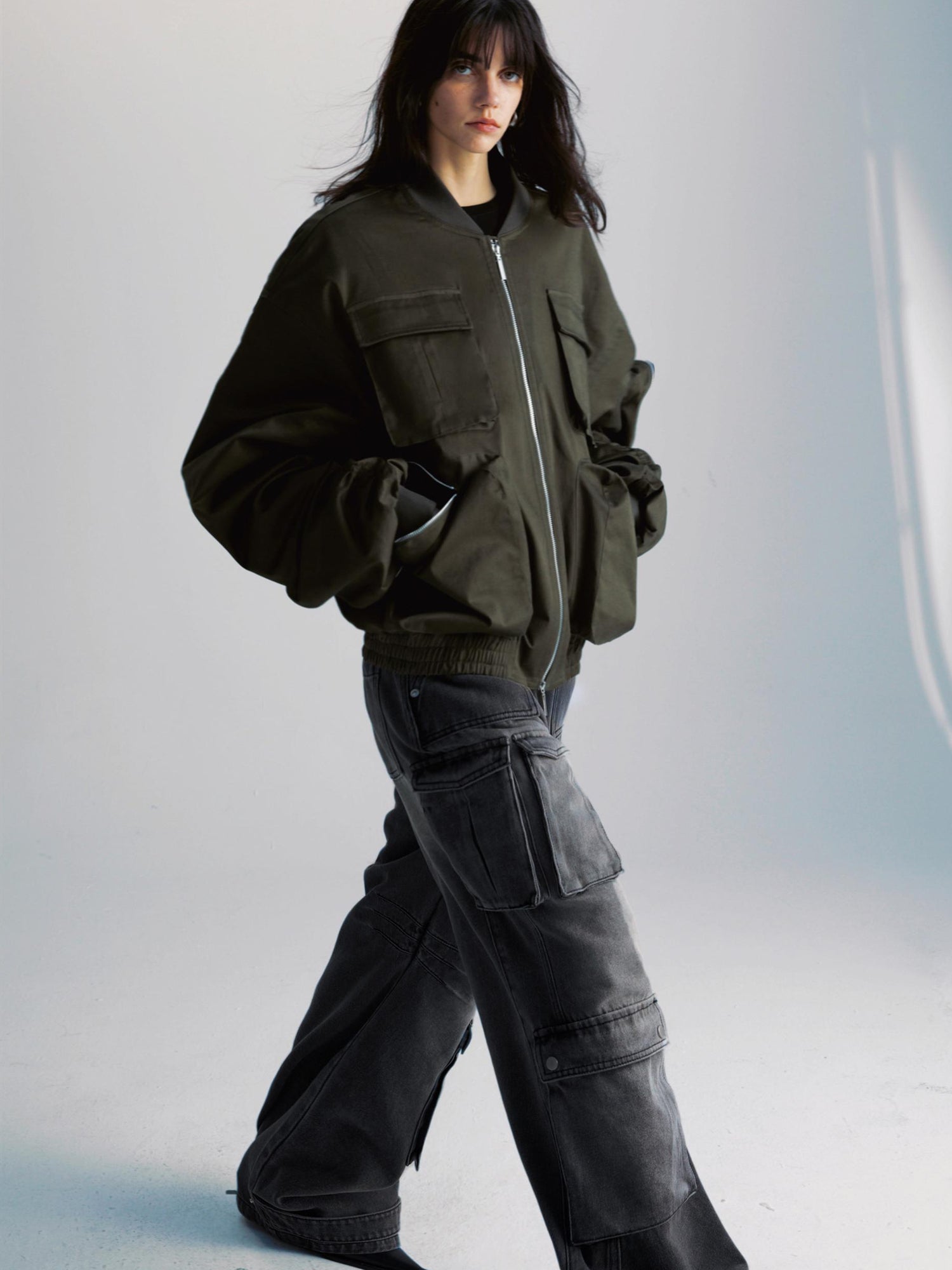 commonce net Washed Grey Multi Pocket Denim Jeans With Adjustable Cuffs