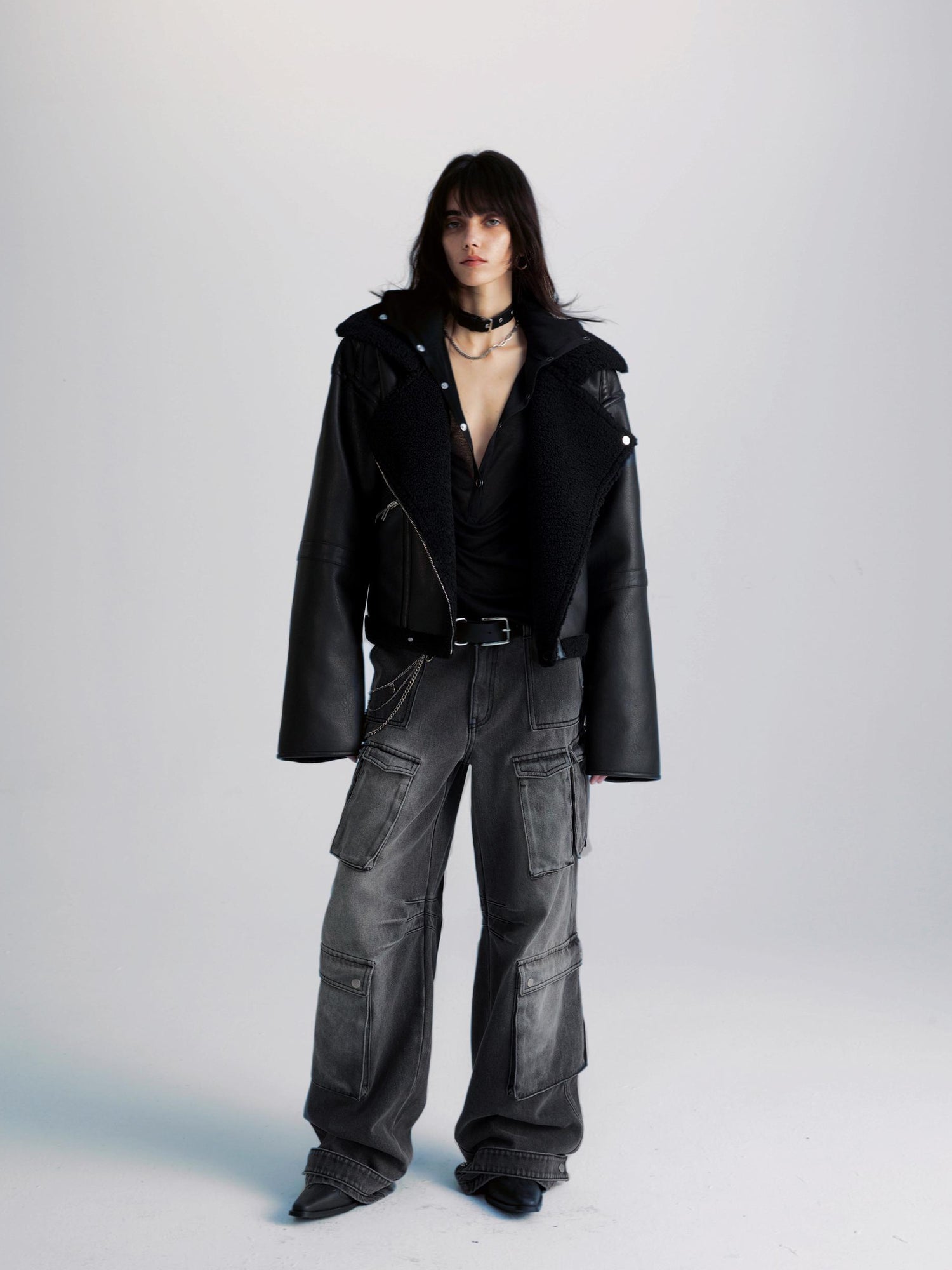 commonce net Washed Grey Multi Pocket Denim Jeans With Adjustable Cuffs