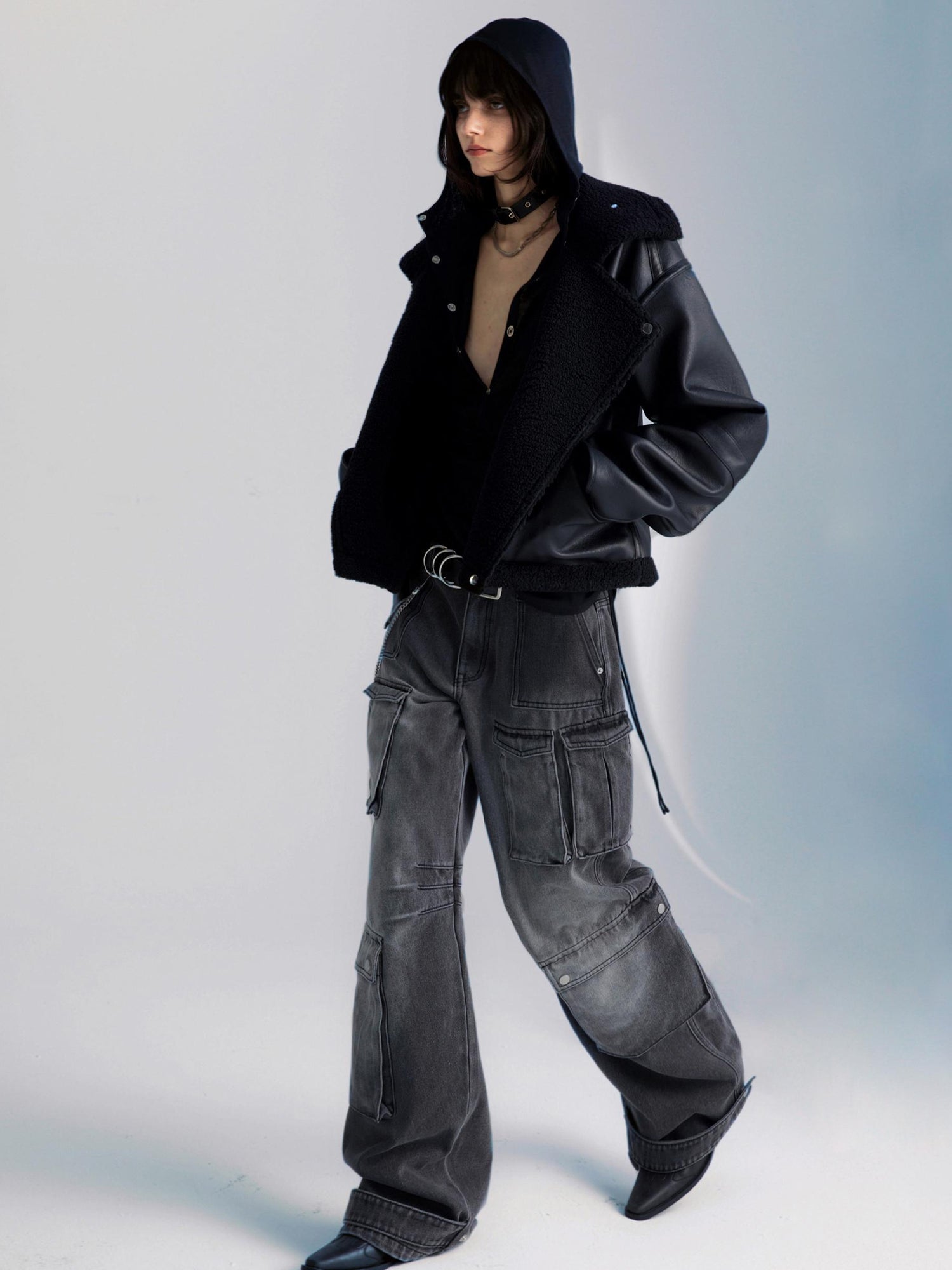 commonce net Washed Grey Multi Pocket Denim Jeans With Adjustable Cuffs