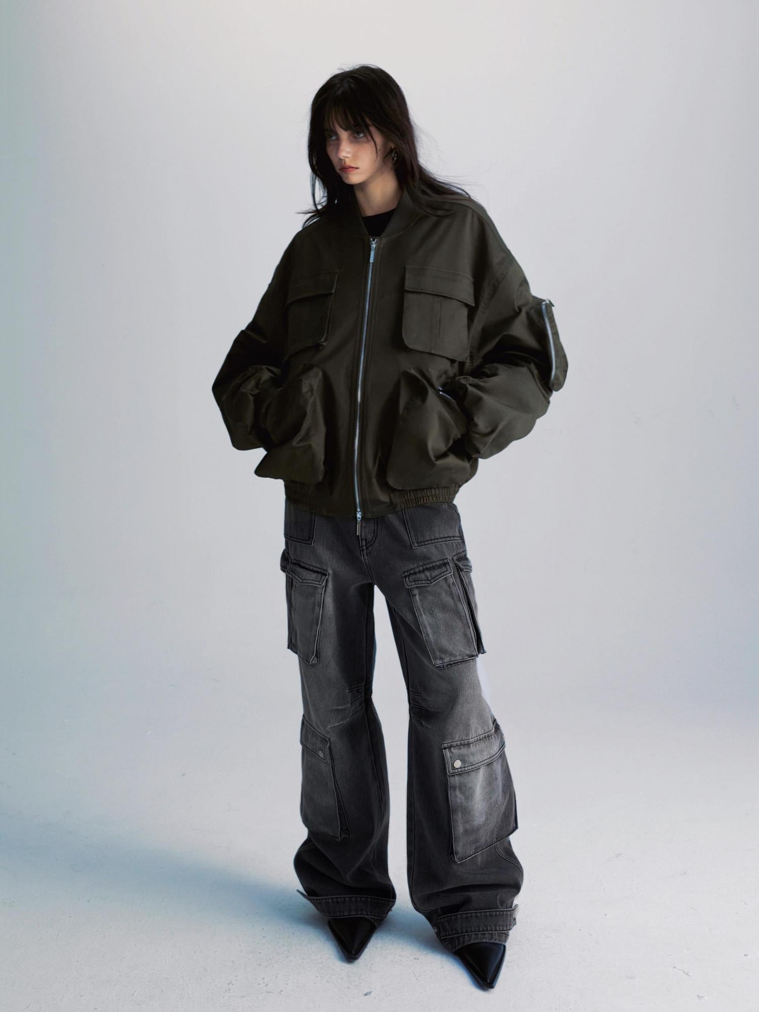 commonce net Washed Grey Multi Pocket Denim Jeans With Adjustable Cuffs