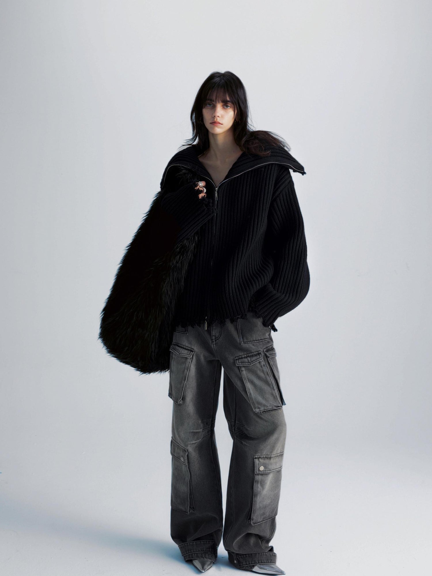 commonce net Washed Grey Multi Pocket Denim Jeans With Adjustable Cuffs