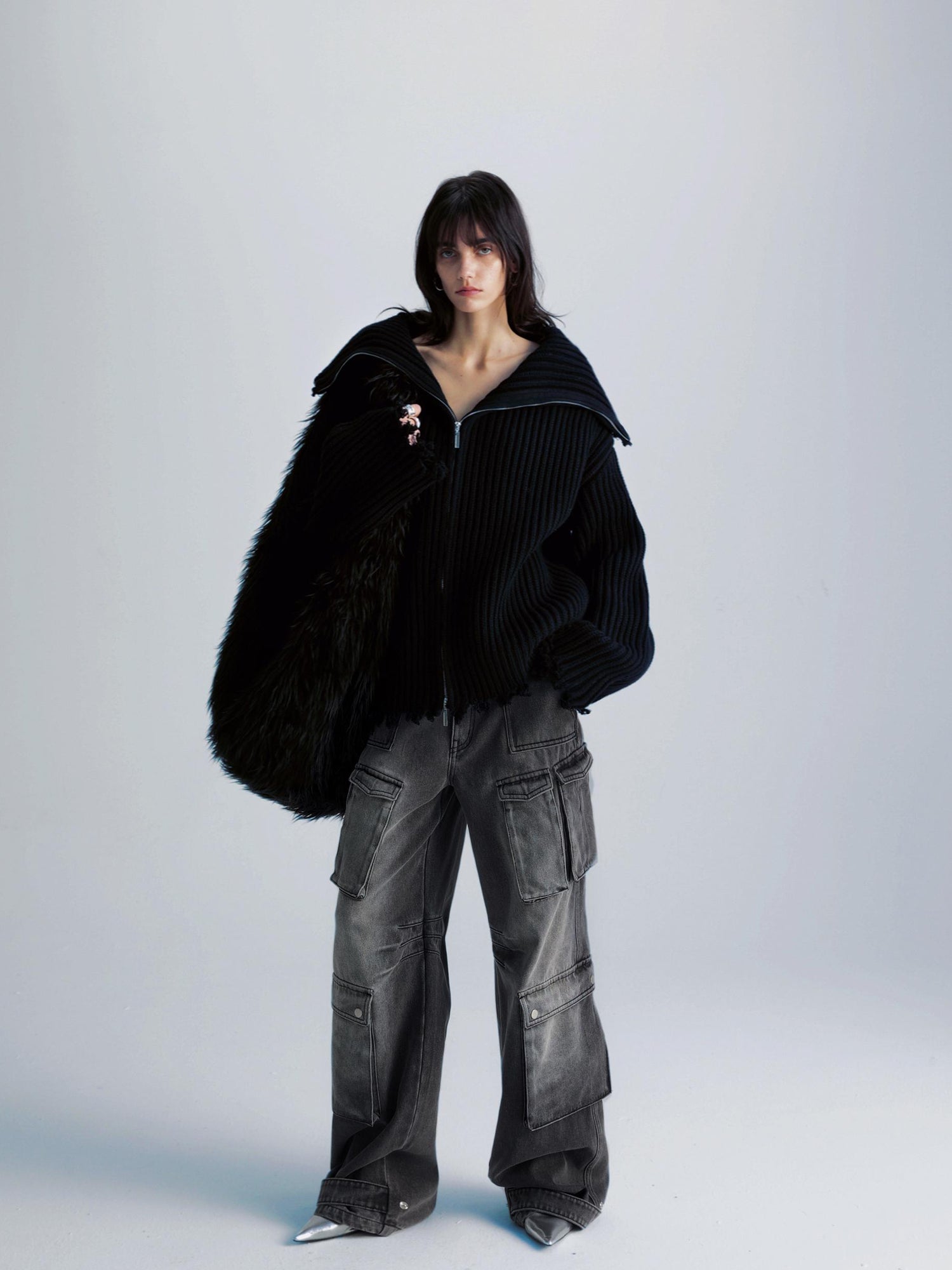 commonce net Washed Grey Multi Pocket Denim Jeans With Adjustable Cuffs