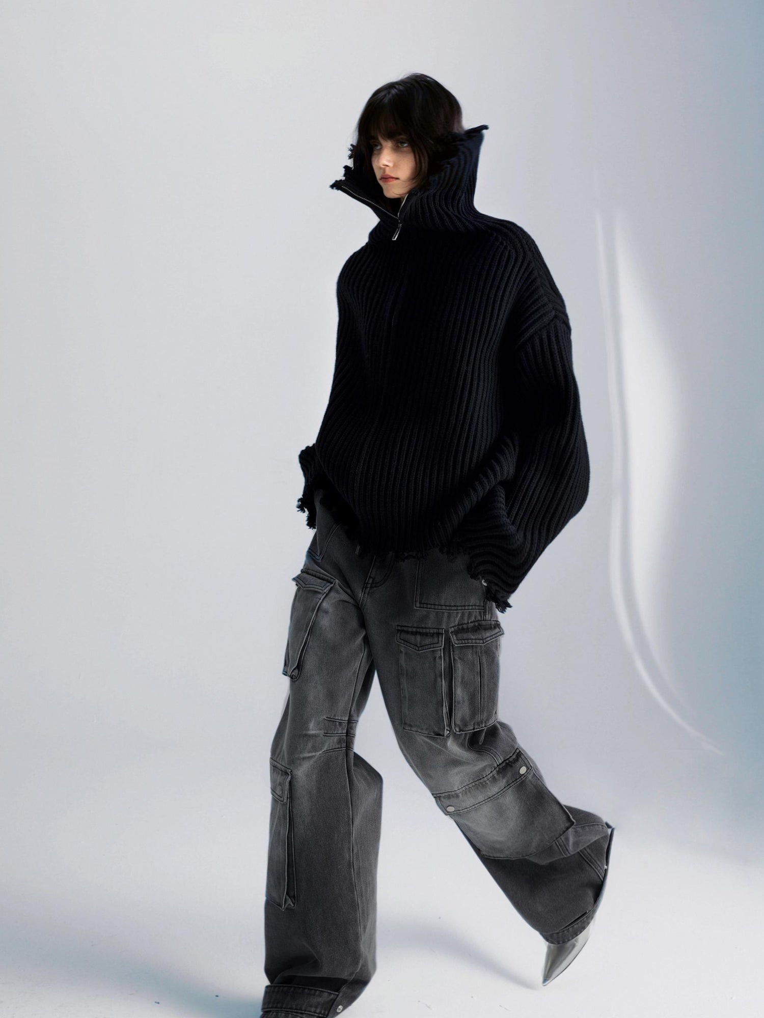 commonce net Washed Grey Multi Pocket Denim Jeans With Adjustable Cuffs