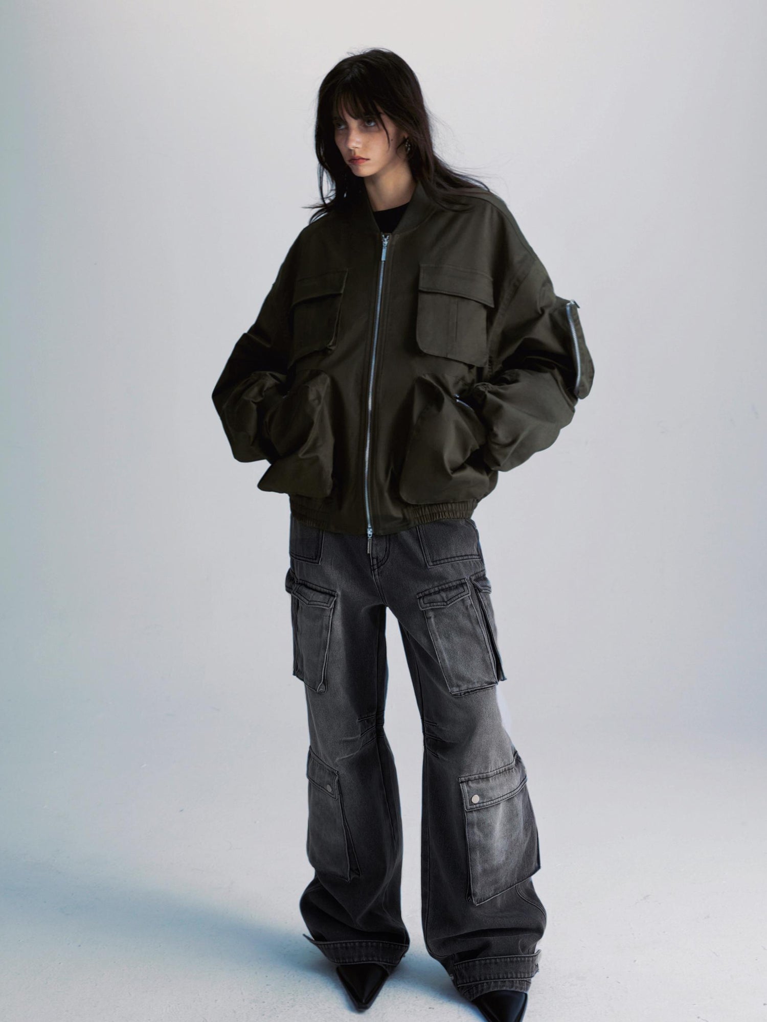 commonce net Washed Grey Multi Pocket Denim Jeans With Adjustable Cuffs