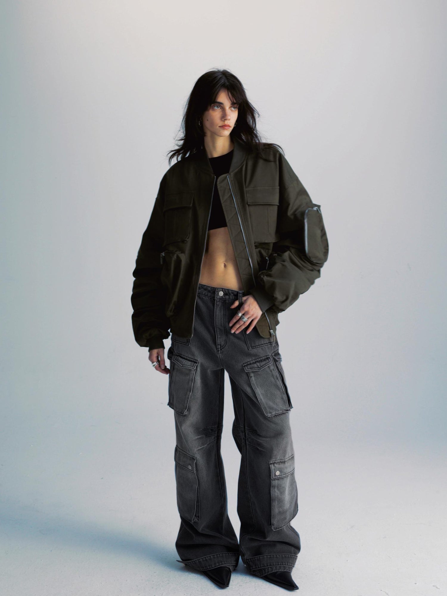 commonce net Washed Grey Multi Pocket Denim Jeans With Adjustable Cuffs