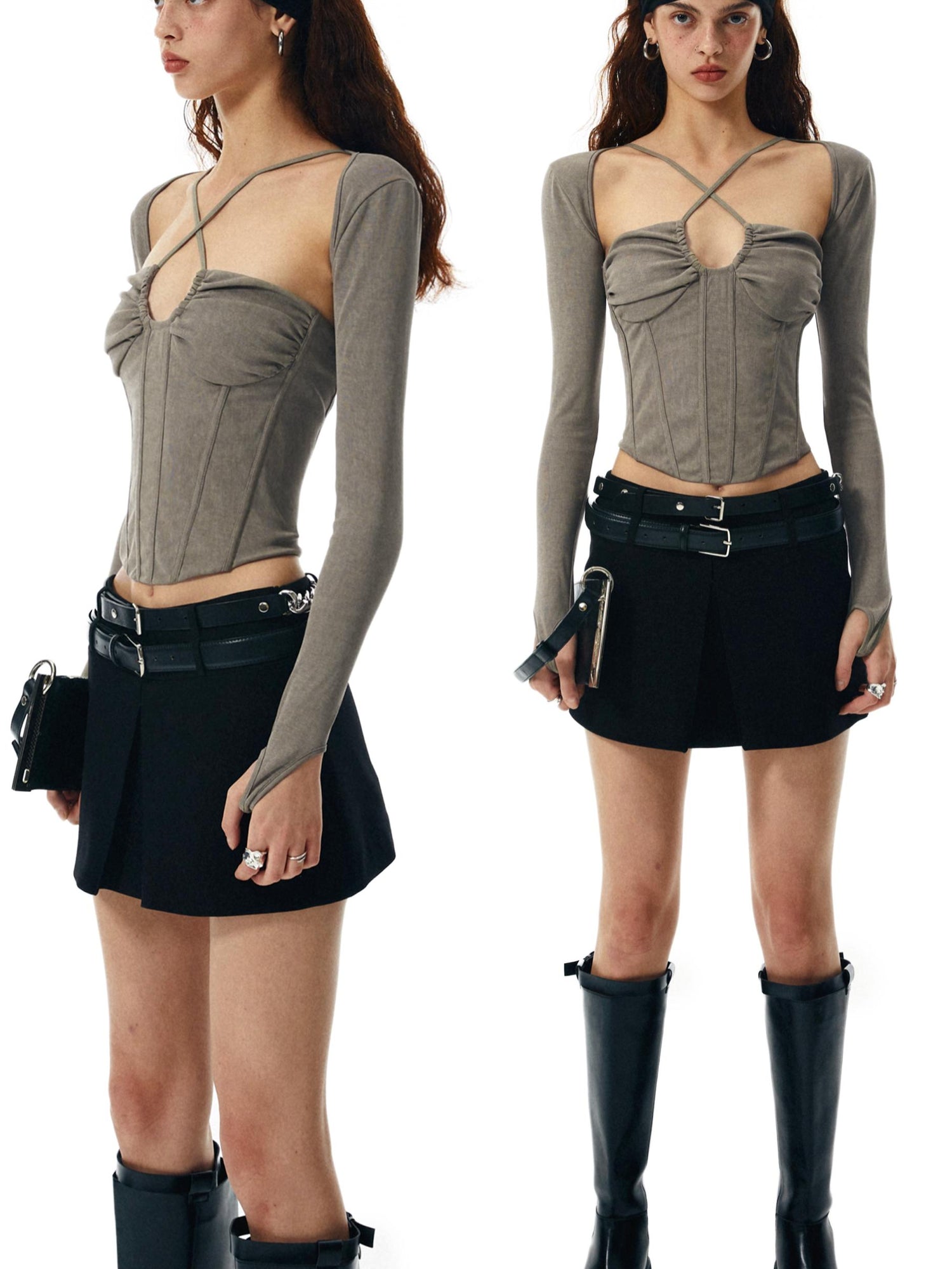 commonce net Washed Khaki Gray Fishbone Ruffle Halter Sleeve Set