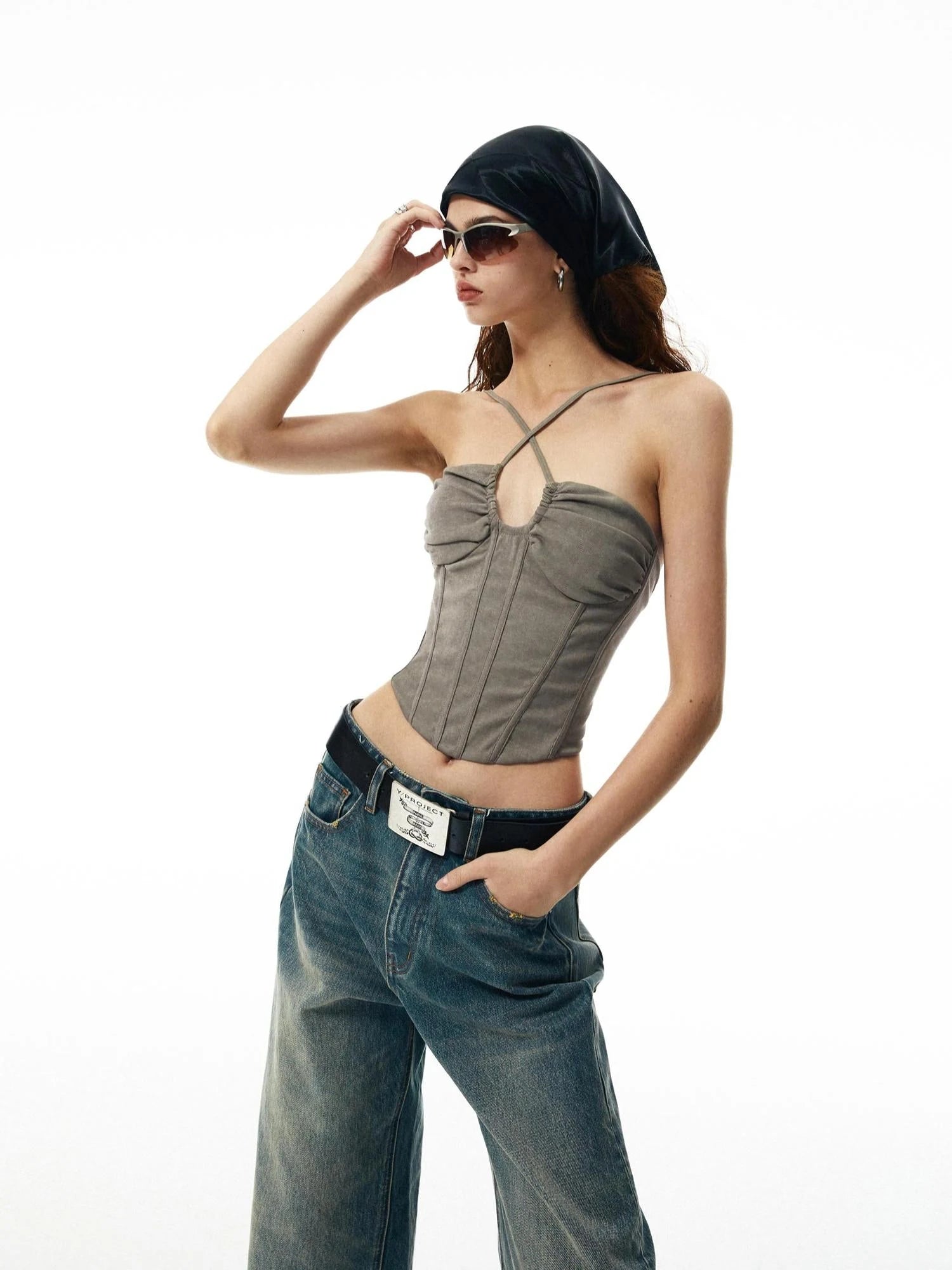 Washed Khaki Gray Fishbone Ruffle Halter Sleeve Set