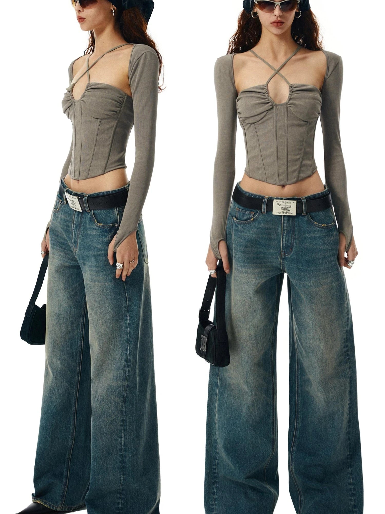 Washed Khaki Gray Fishbone Ruffle Halter Sleeve Set