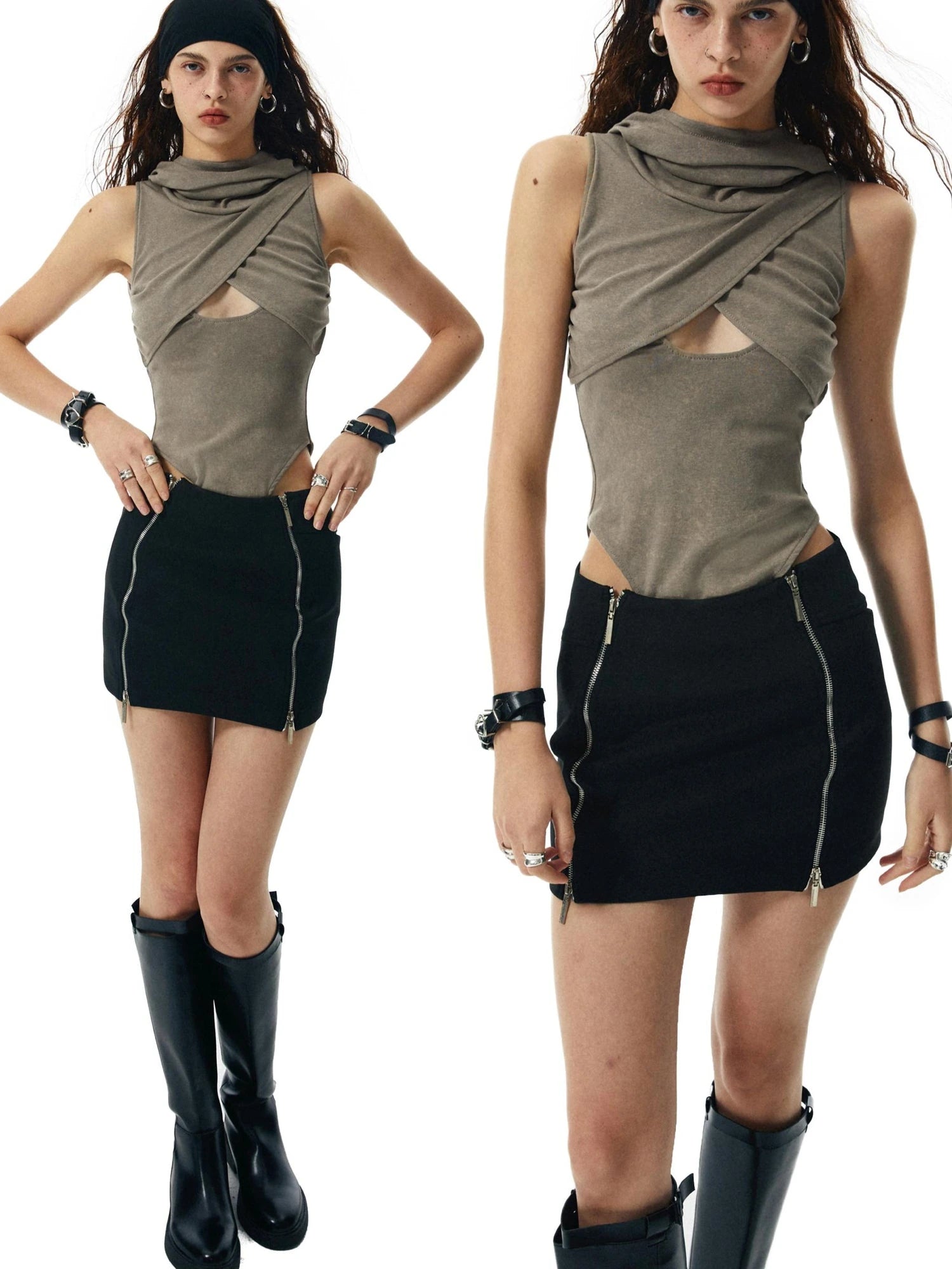 Washed Khaki Hollowed Hooded Ribbed Jumpsuit