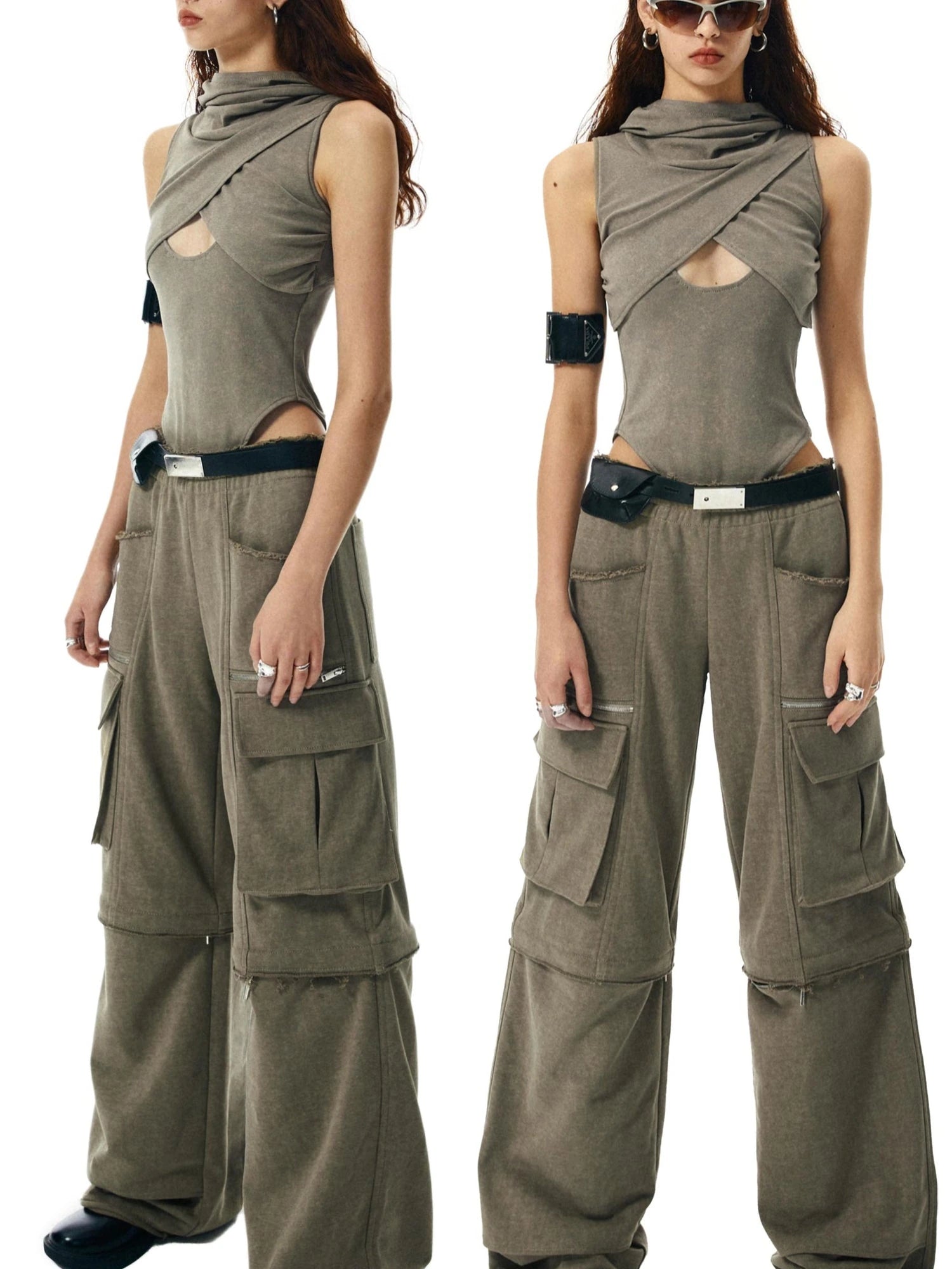 Washed Khaki Hollowed Hooded Ribbed Jumpsuit