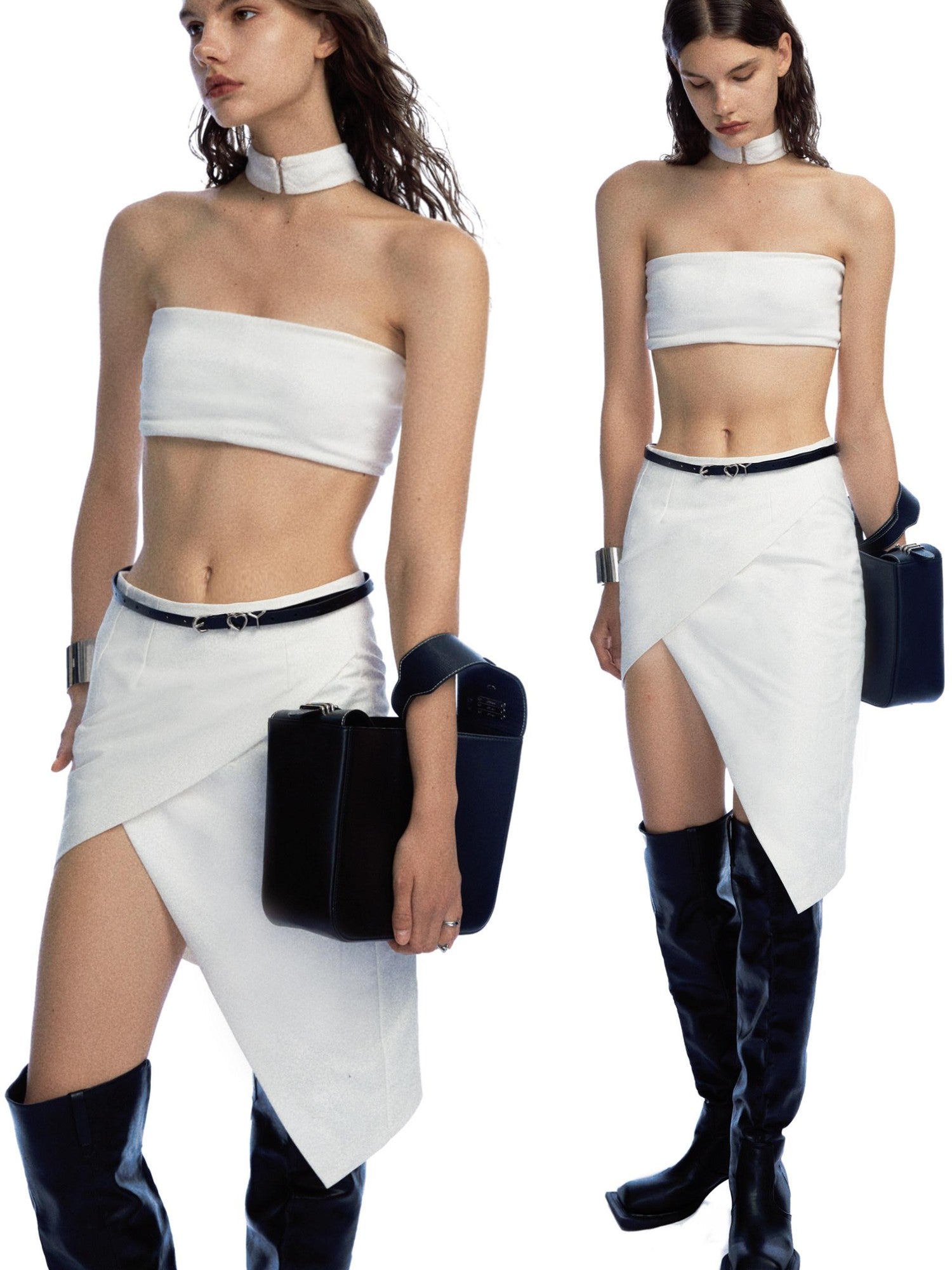 commonce net White Asymmetric High Slit Patchwork Women&