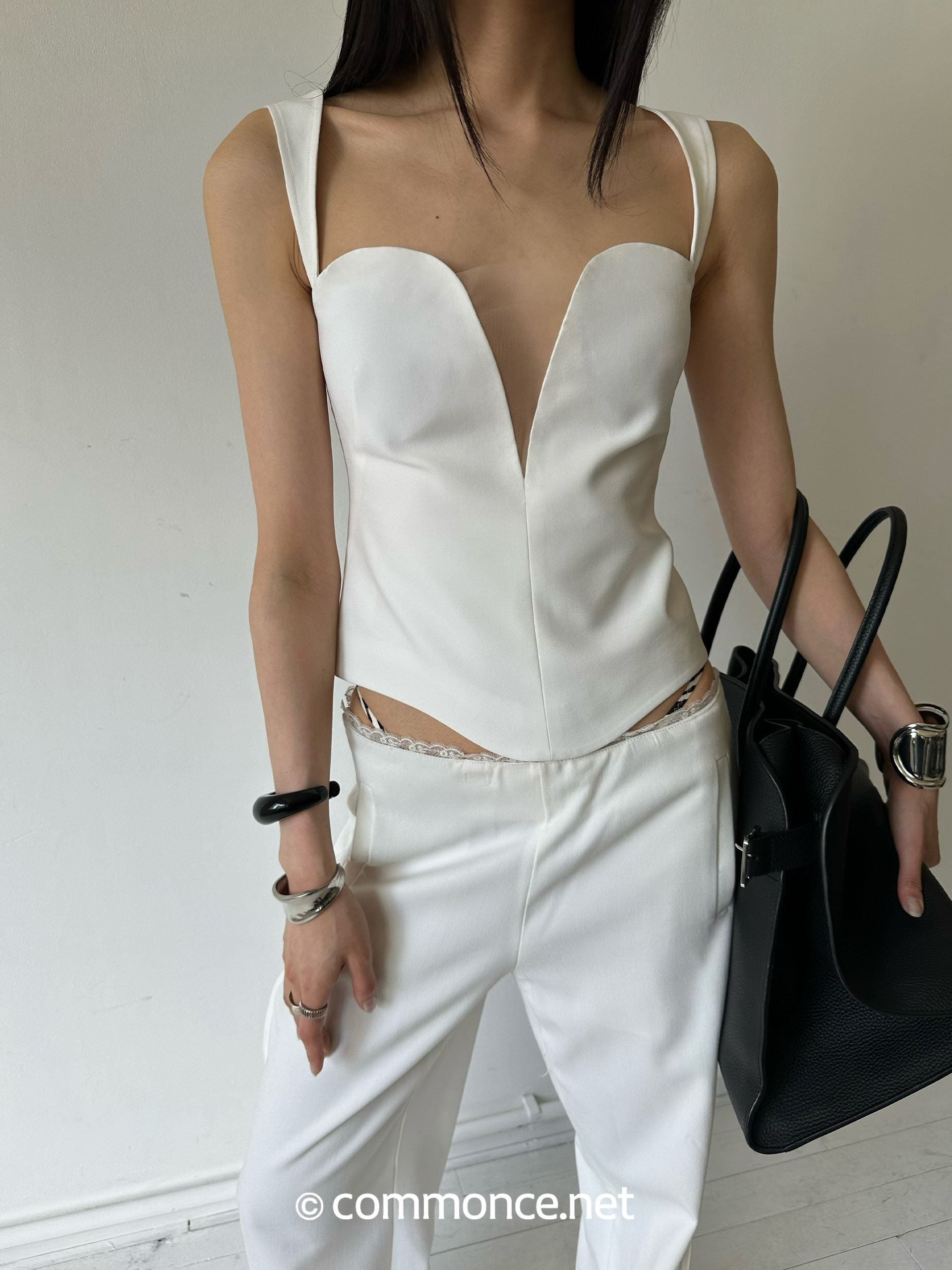 commonce_net_Wide_Strap_Mesh_Splice_V-neck_Bustier_H_Back_Women&