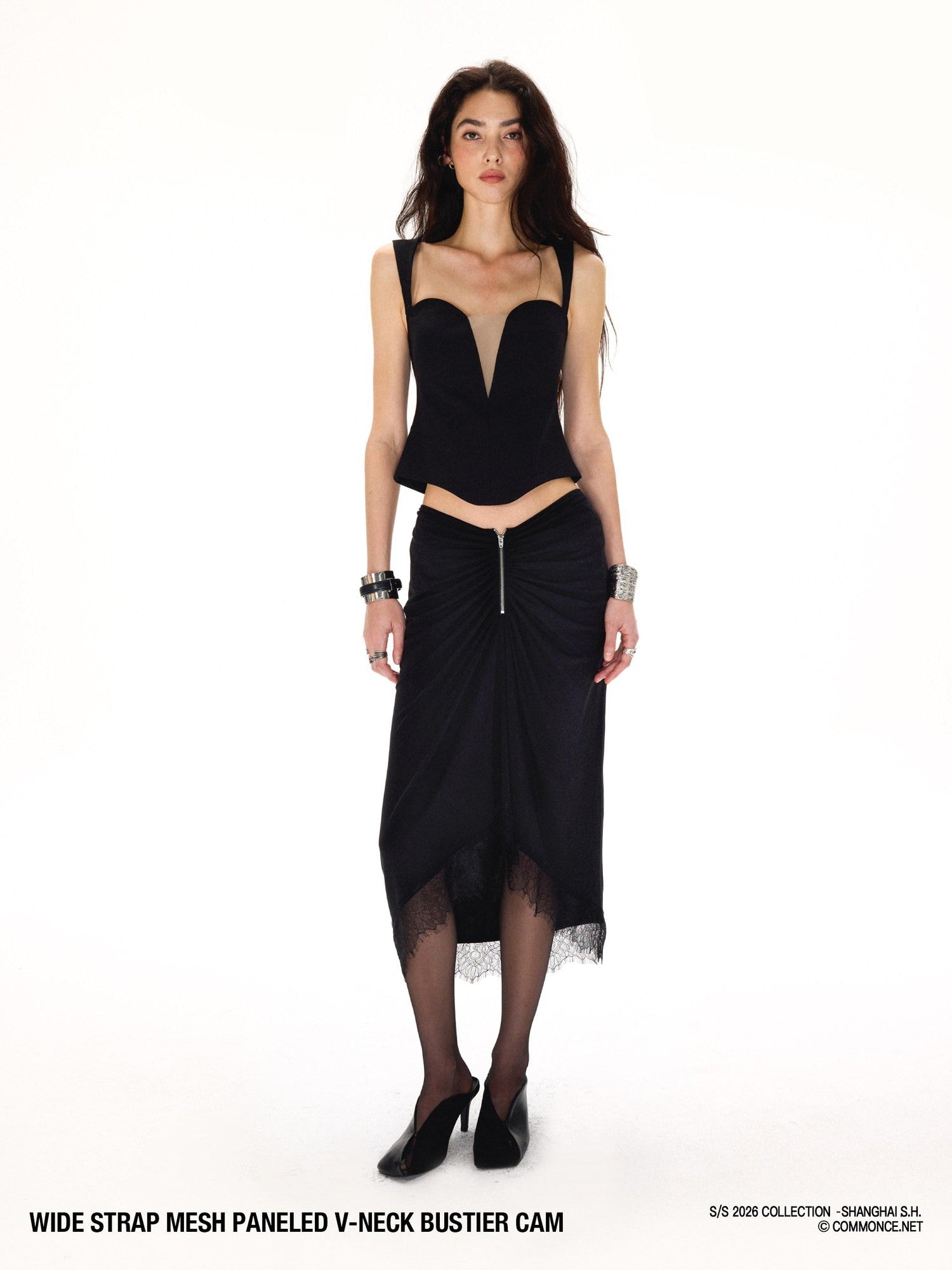 commonce net Wide Strap Mesh Splice V-neck Bustier H Back Women&