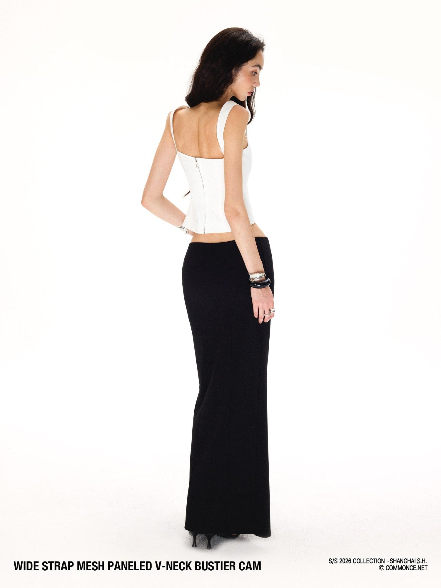 commonce net Wide Strap Mesh Splice V-neck Bustier H Back Women&