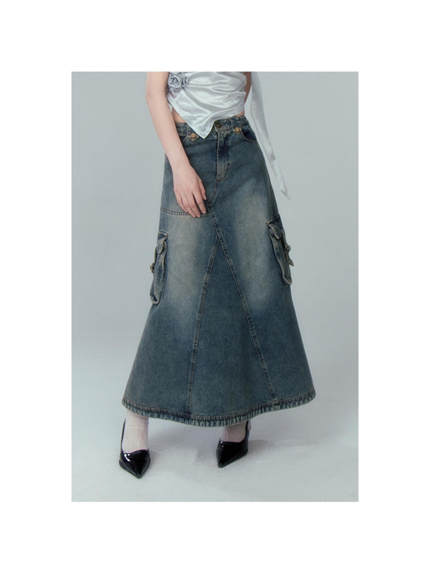 DIDDI MODA Vintage Washed Denim A Line Skirt With Layered Pockets