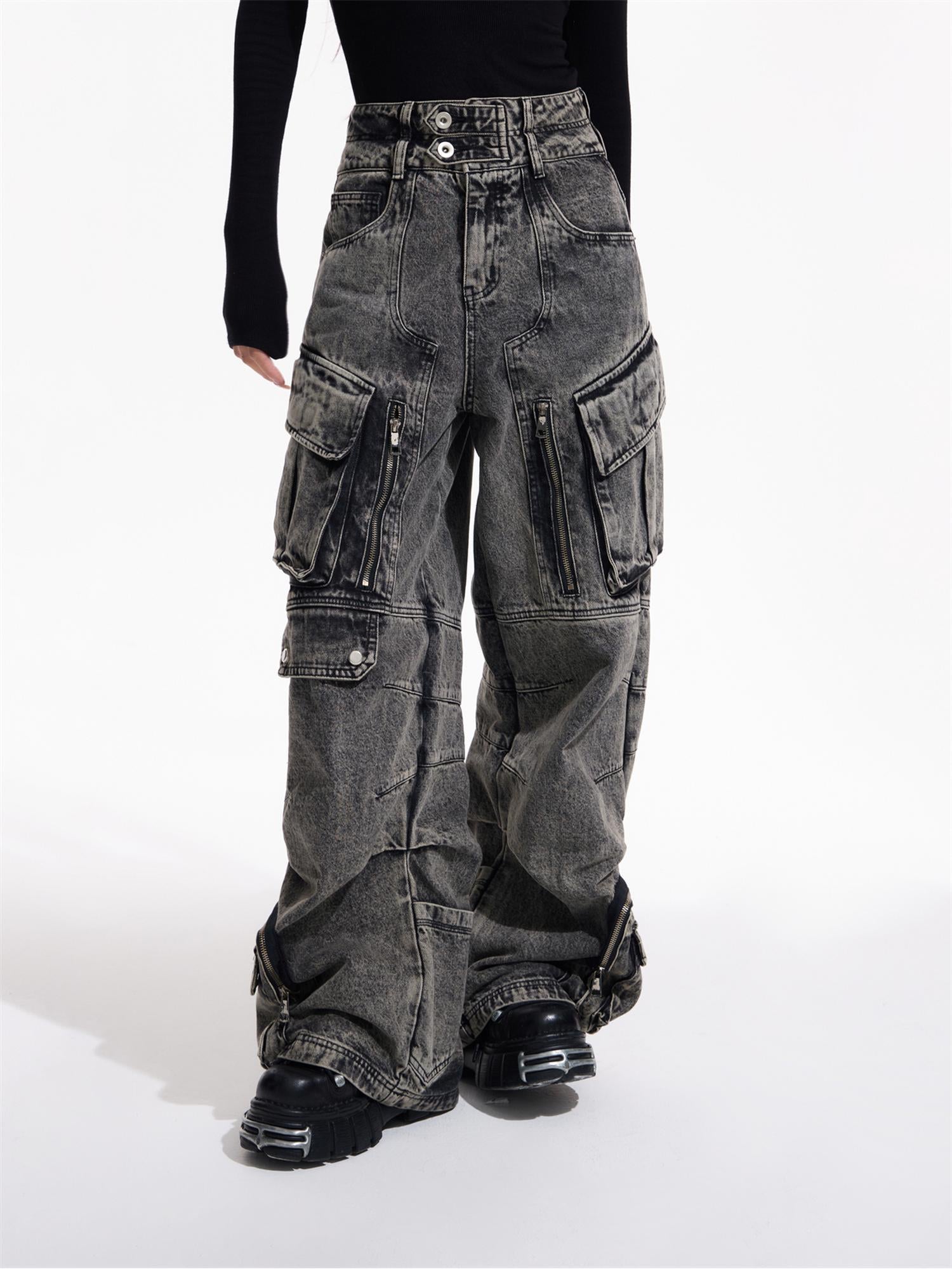 Peoplesense Vintage Utility Cargo Jeans Unisex Wide Leg Trousers