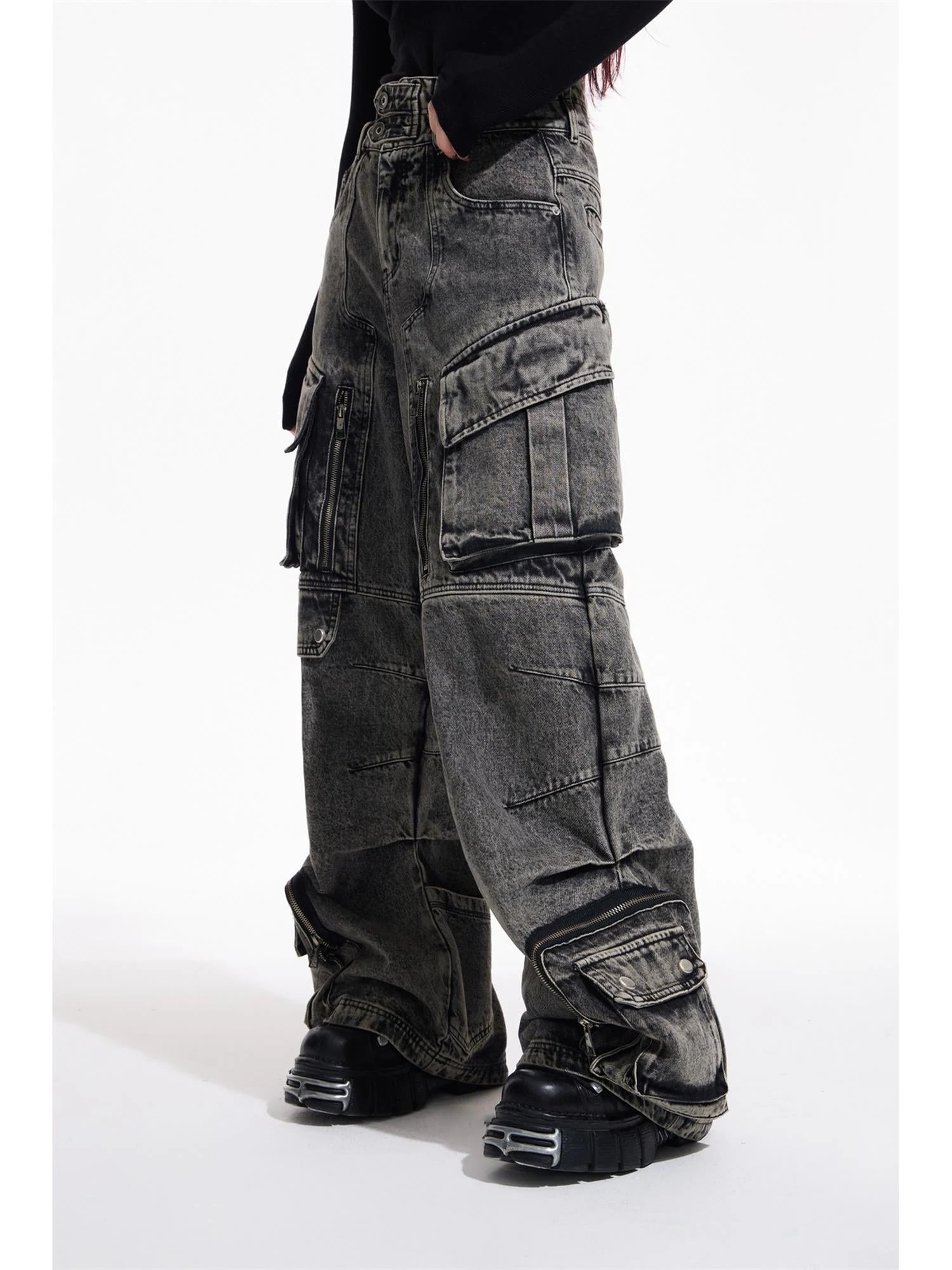 Vintage Industrial Washed Wide Leg Cargo Jeans