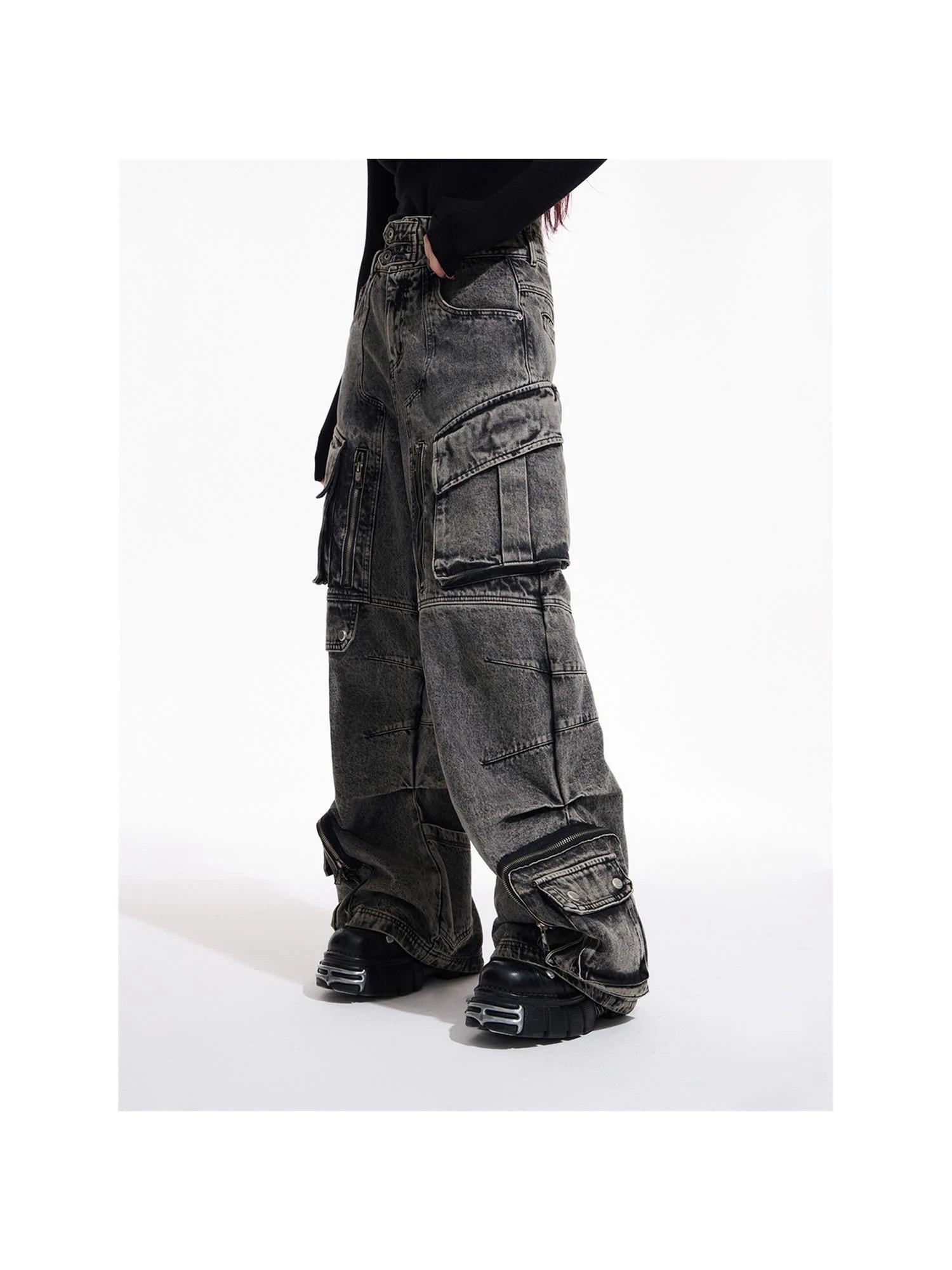 Vintage Industrial Washed Wide Leg Cargo Jeans